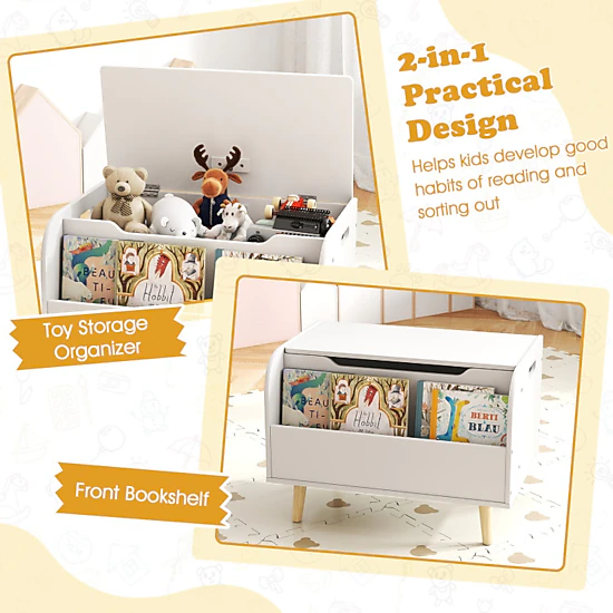 Hivvago Kids Toy Storage Bench With Front Bookshelf And 4 Wood Legs