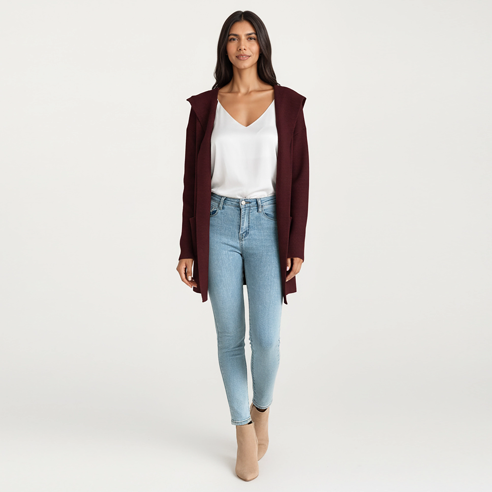 Anna-Kaci Women's Long Sleeve Knit Cardigan with Open Front Design, Relaxed Hood Detail and Soft Textured Fabric
