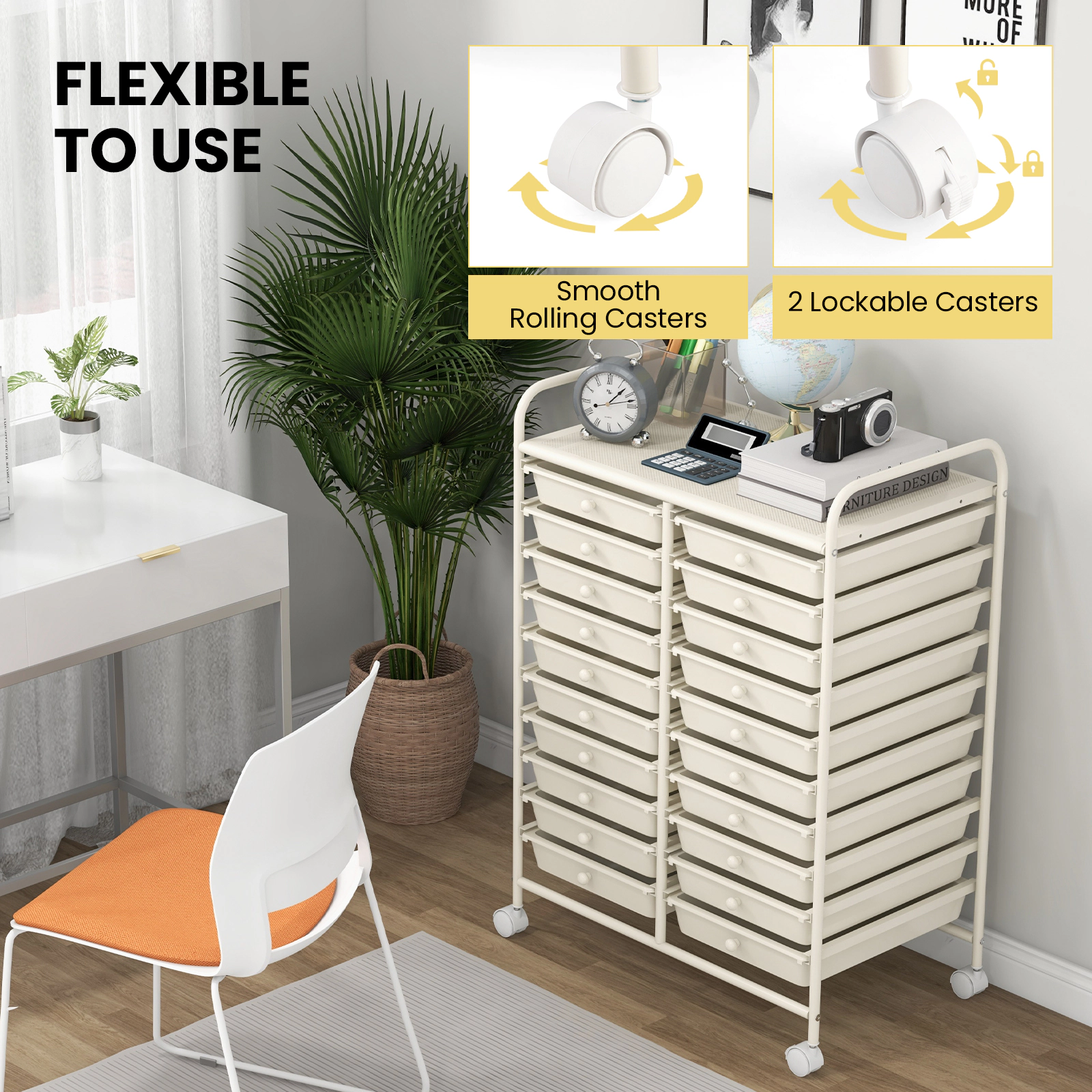 SUGIFT Beige 20-Drawer Rolling Storage Cart Studio Organizer with Locking Wheels and Open Top Shelf