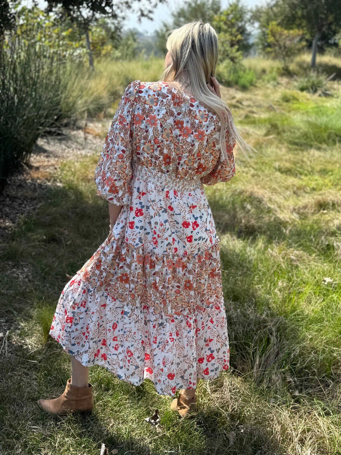 Threaded Pear Women's Lily Floral Ruffled Tiered Midi Dress