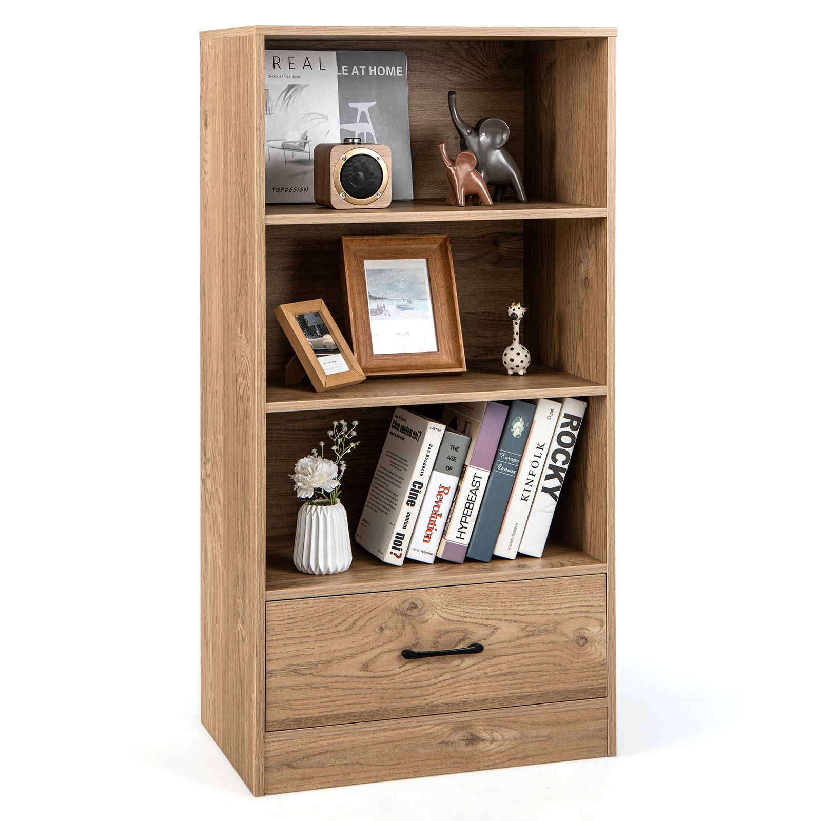 SUGIFT 4-Tier Storage Bookcase with Drawer and Anti-Toppling Device