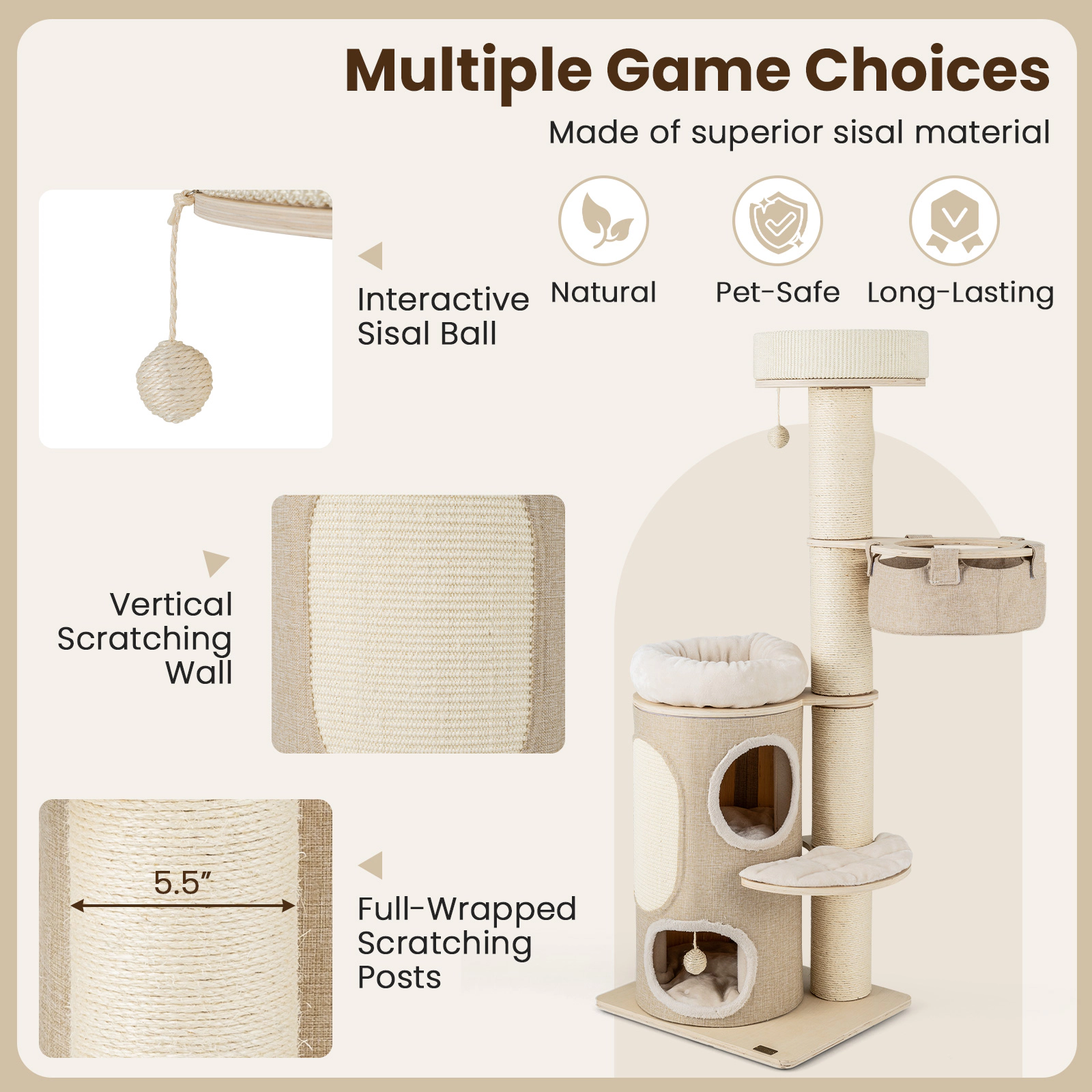 SUGIFT 61-in Natural Cat Tree with 2-Story Condo Faux Linen Hammock Bamboo Mat and Washable Cushions