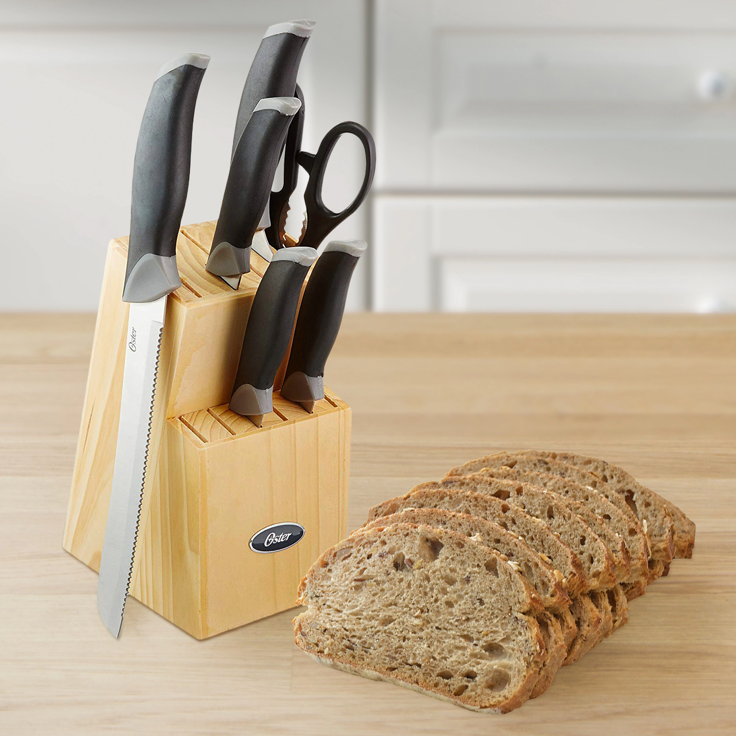 Oster Lingbergh 14 Piece Stainless Steel Cutlery Knife Set with Pine Wood Block