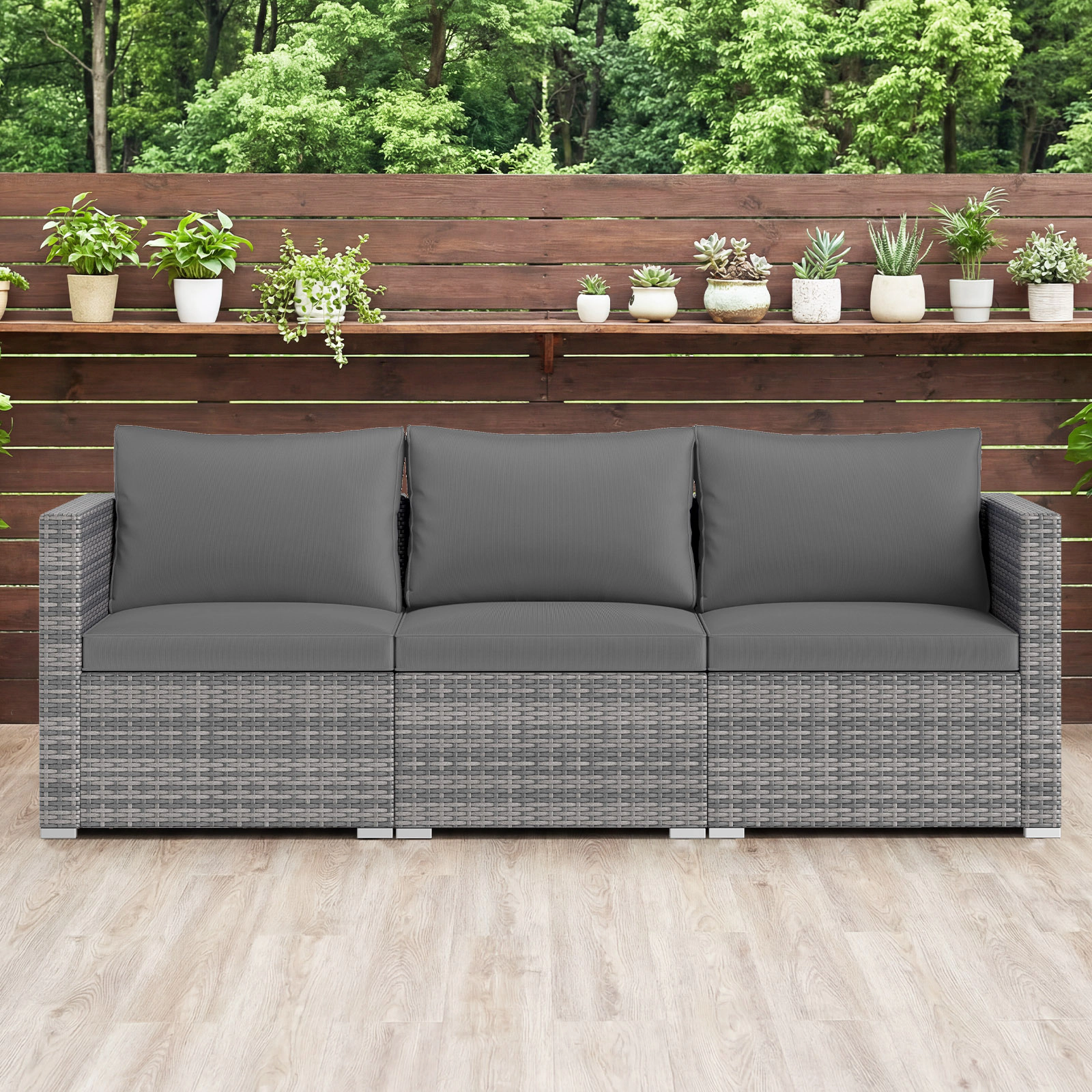 SUGIFT Gray Soft Cushions 3-Piece Patio Sectional Sofa Set PE Rattan Modular Couch