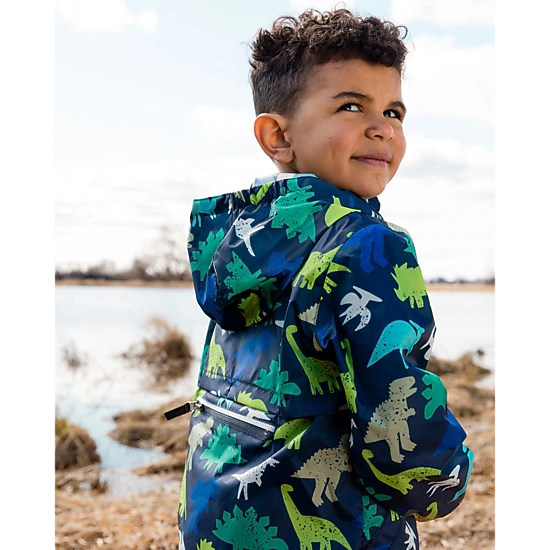 Deux par Deux Boys Packable Windbreaker In Polyester Dinosaur Print