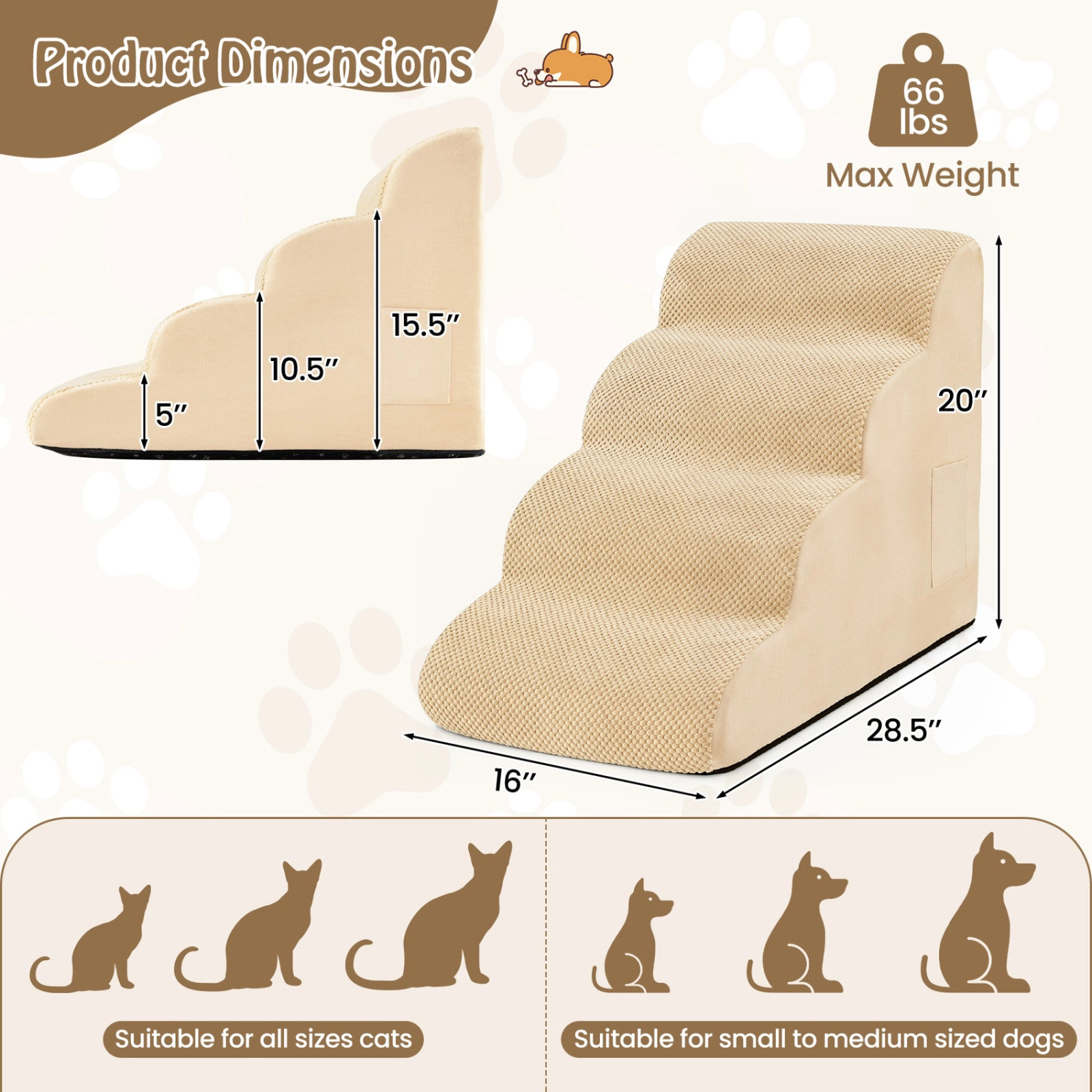 SUGIFT Beige 4-Tier Foam Dog Stairs with Washable Zippered Cover 28.5-in W 16-in D 20-in H 132-lb Step Capacity