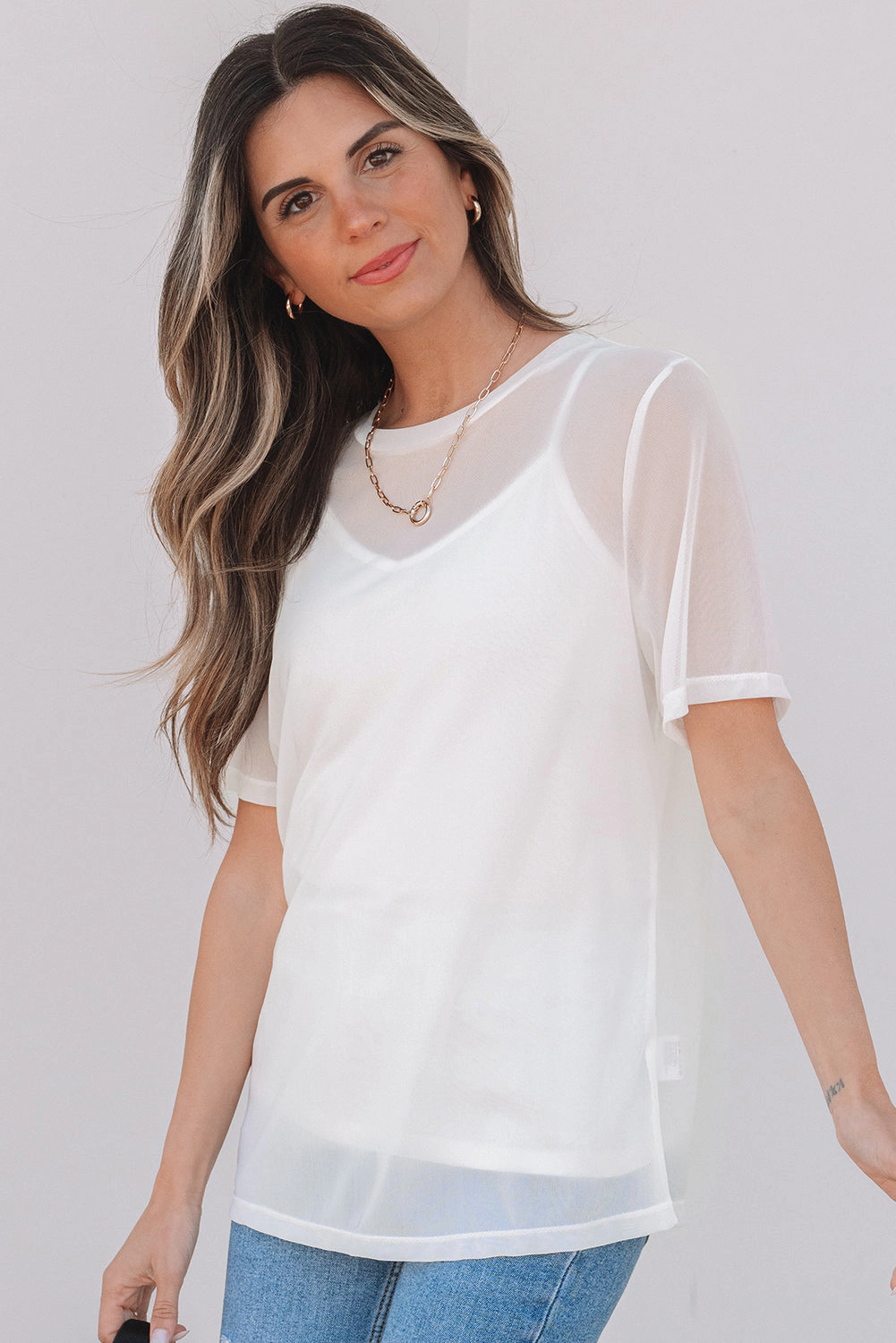 Threaded Pear Women's Miranda Sheer Mesh Short Sleeve Top