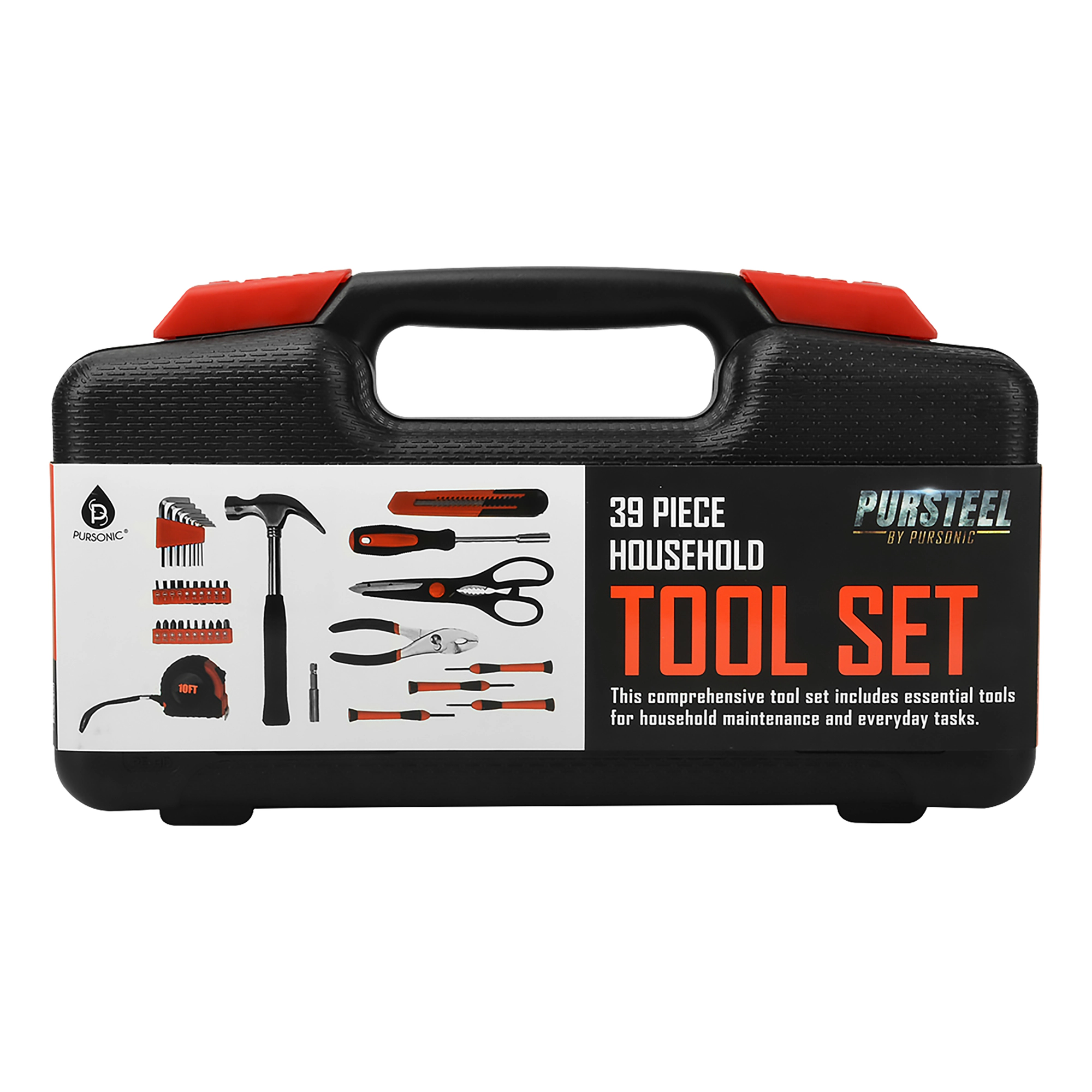 Pursonic Unisex 39-Piece Household DIY Tool Kit with Screwdrivers, Hammer, Tape Measure & Storage Case