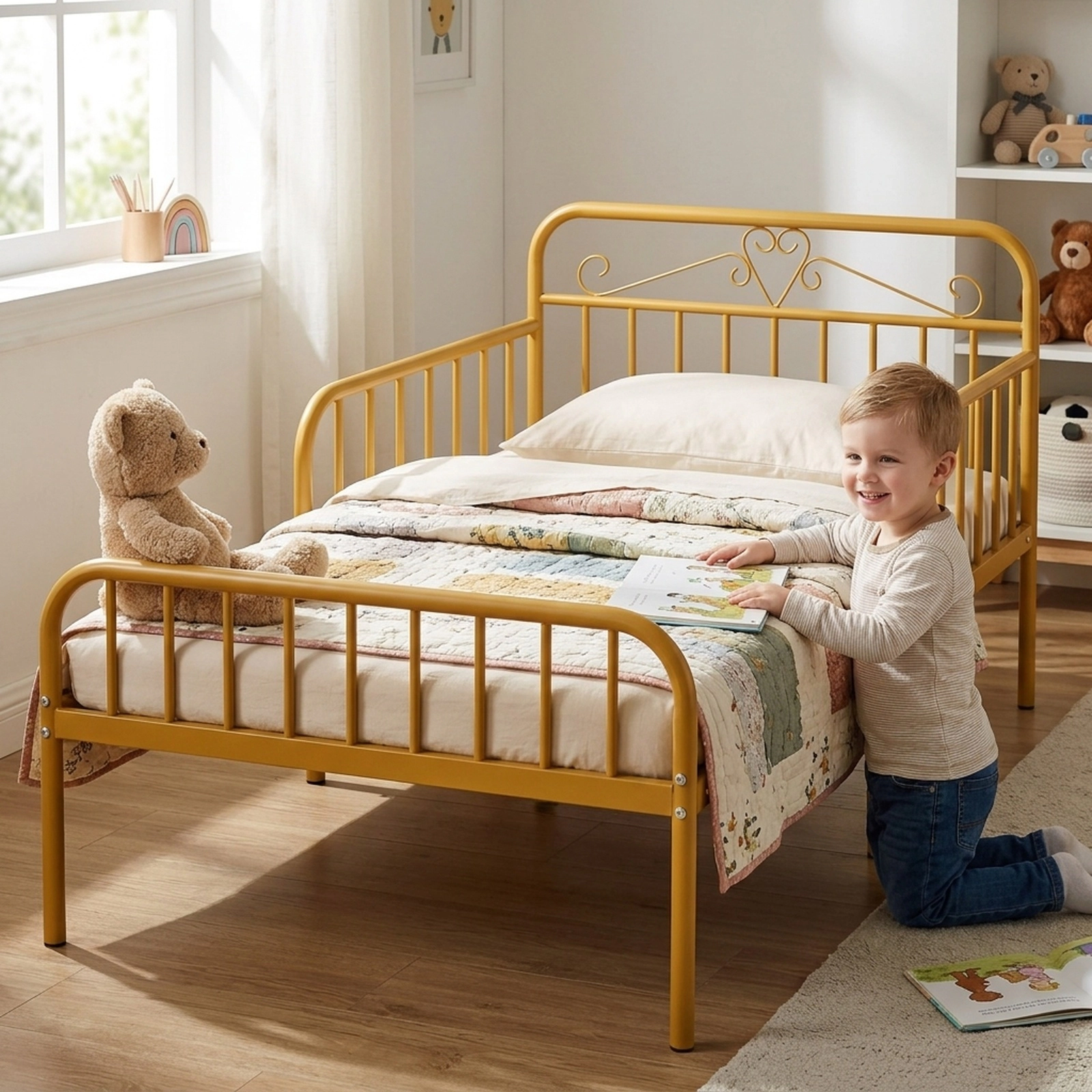 Twin Size Metal Bed Frame with Headboard and 10.5-in Safety Side Guardrails 485-lb Capacity 6 Support Legs Gold