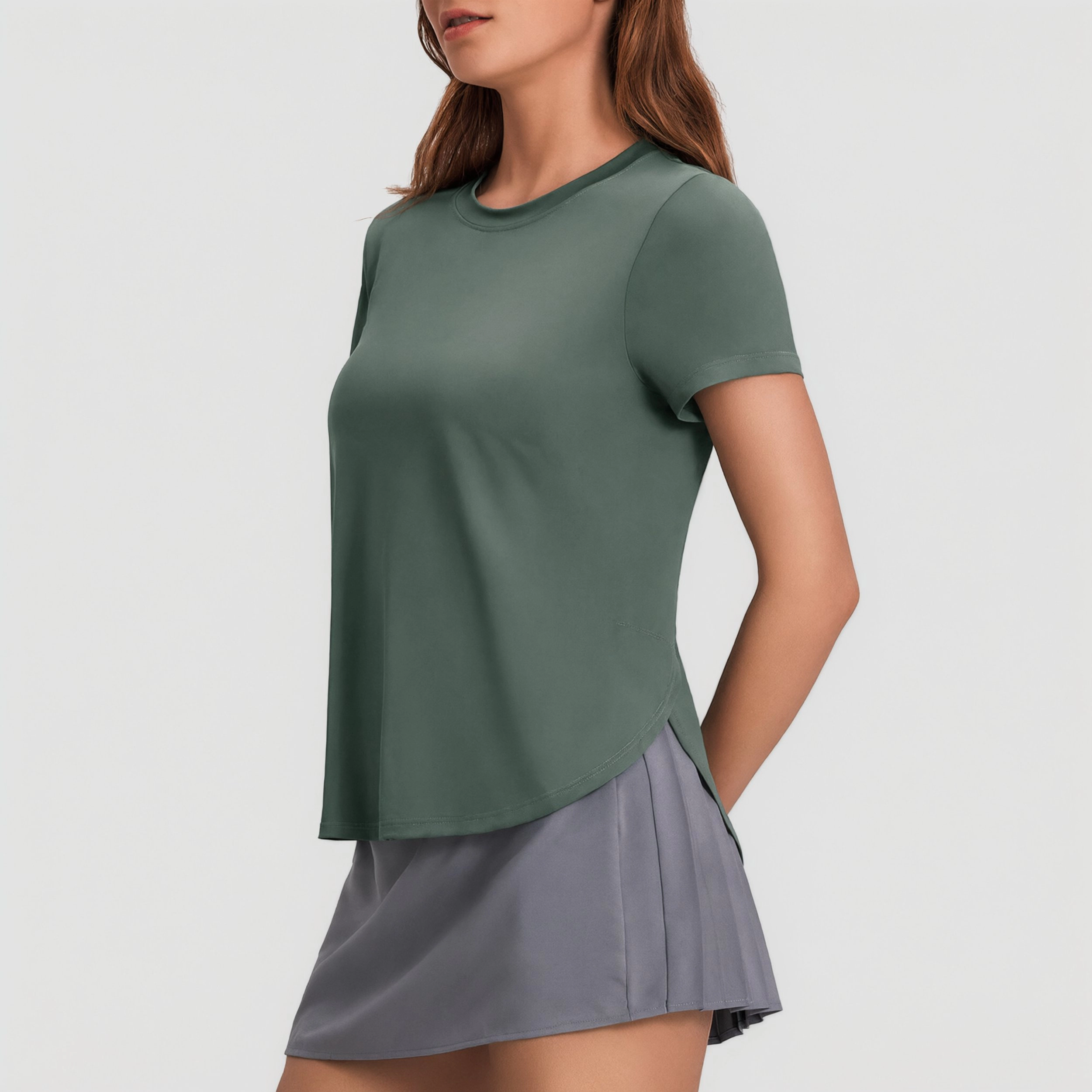Pinspark Women's Crew Neck Short Sleeve Athletic T-Shirt with Curved Hem