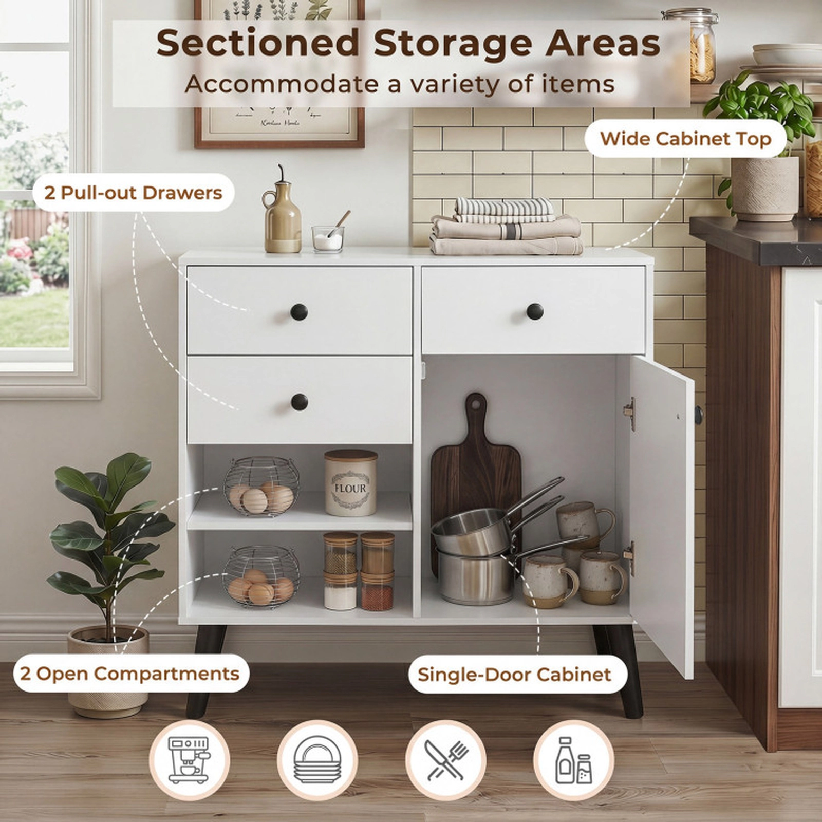 SUGIFT 31-in Sideboard Cabinet with 2 Open Compartments 2 Drawers and Single-Door Cabinet 135-lb Capacity White