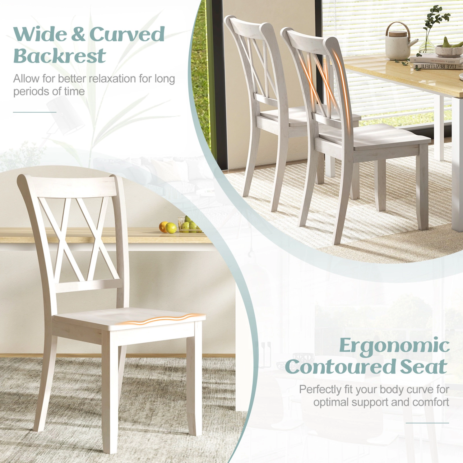 SUGIFT Set of 2 White Solid Rubber Wood Farmhouse Dining Chairs with Double X-Back
