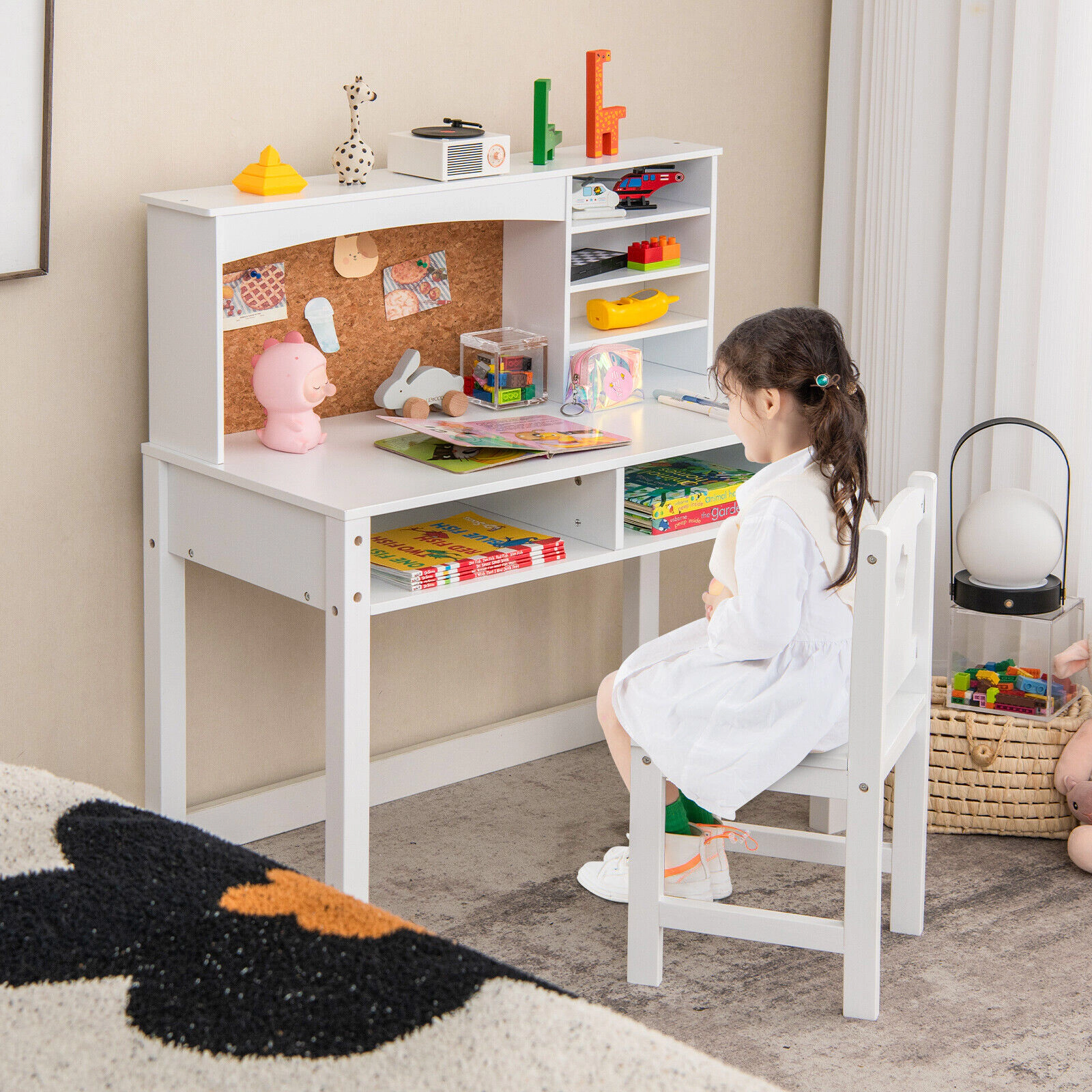 SUGIFT White Kids Desk and Chair Set with Hutch, Cork Board and 2 Drawers