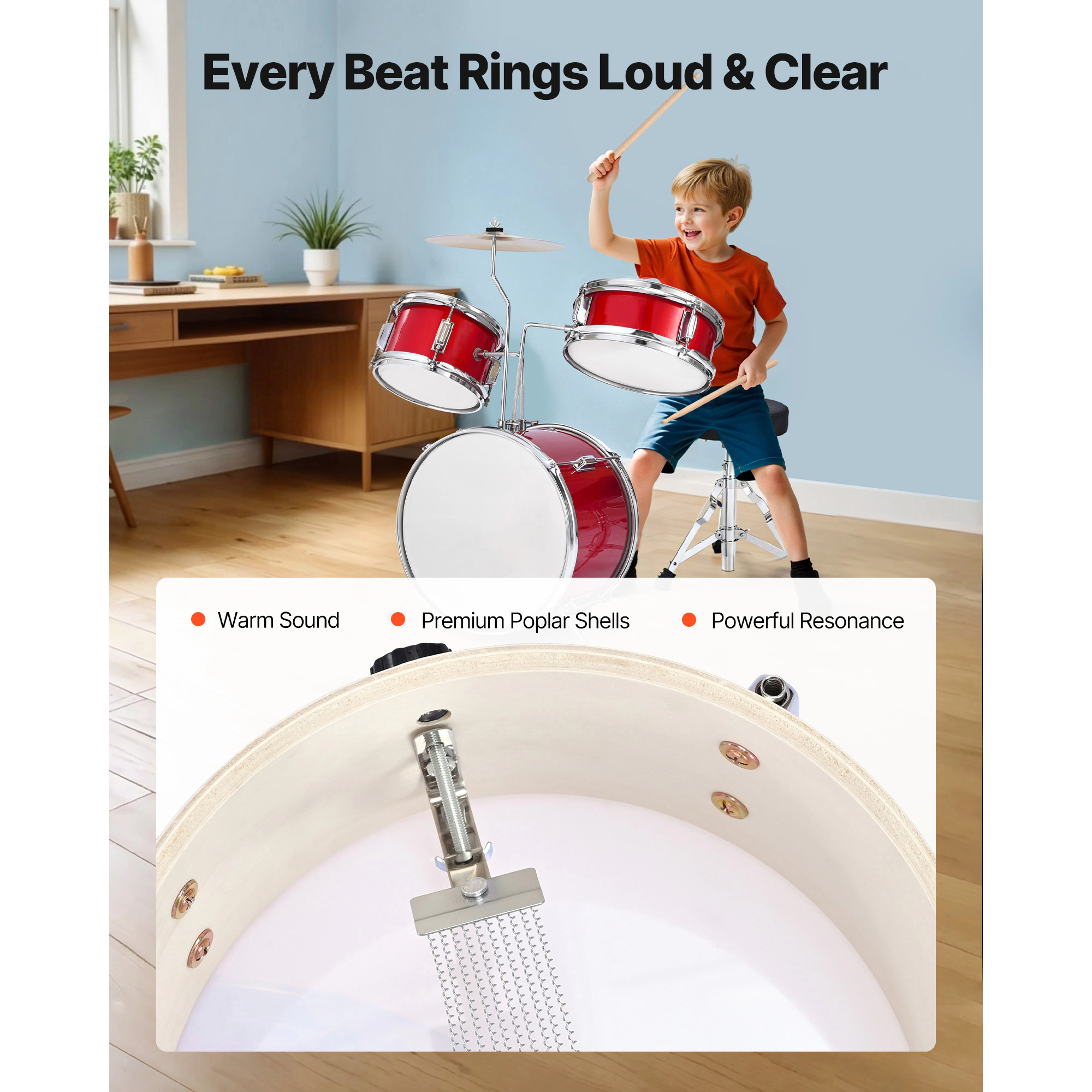 HONGGE Kids Drum Set Junior Drum Sets Beginner Drums Set with Adjustable Throne Cymbal & Two Pairs of Drumsticks