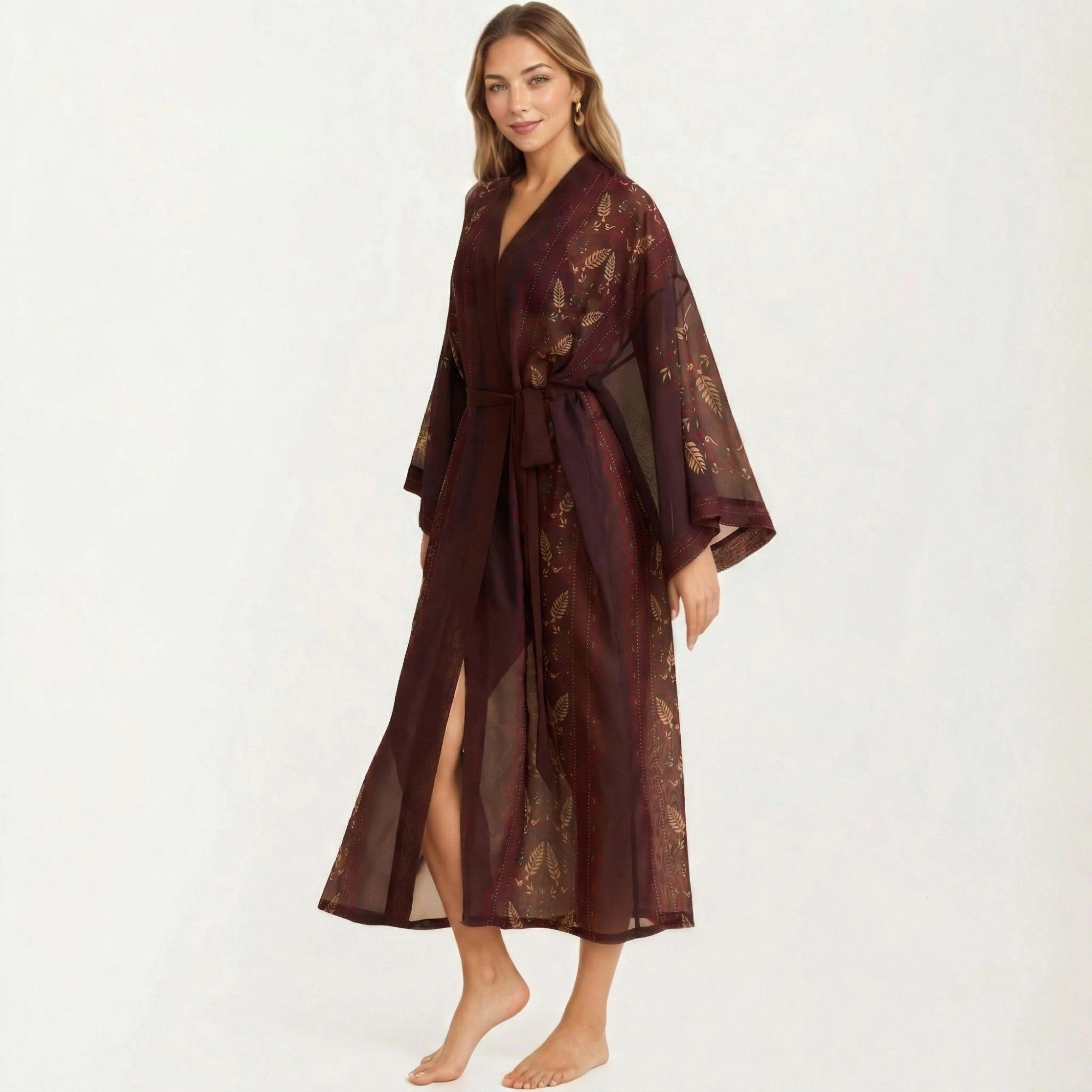 Anna-Kaci Women's Long Length Open Front Robe with Wide Sleeves Printed Lightweight Flowing Lounge Layer
