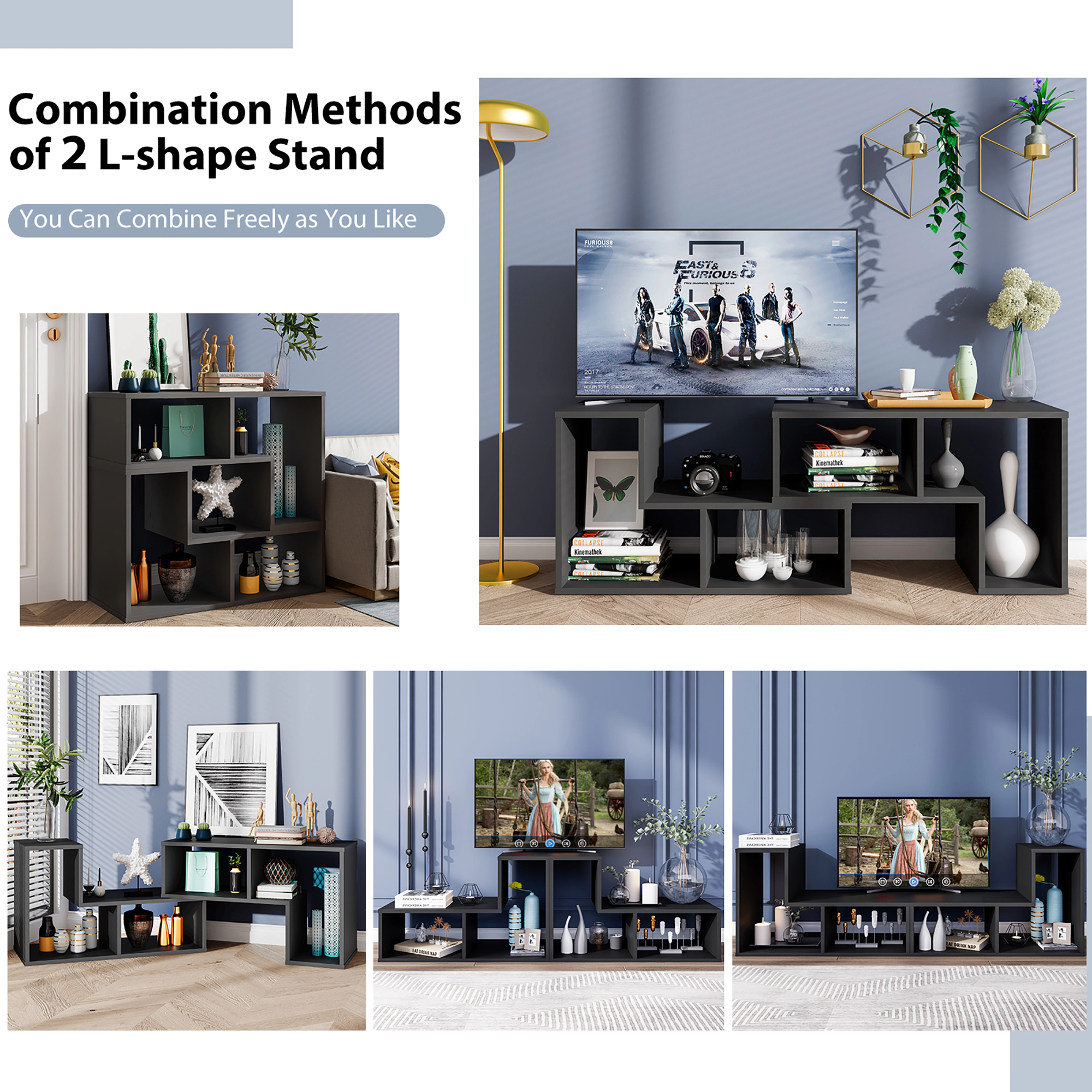 Costway 3 Pieces TV Console Stand Modern Entertainment Center Storage Bookcase Black