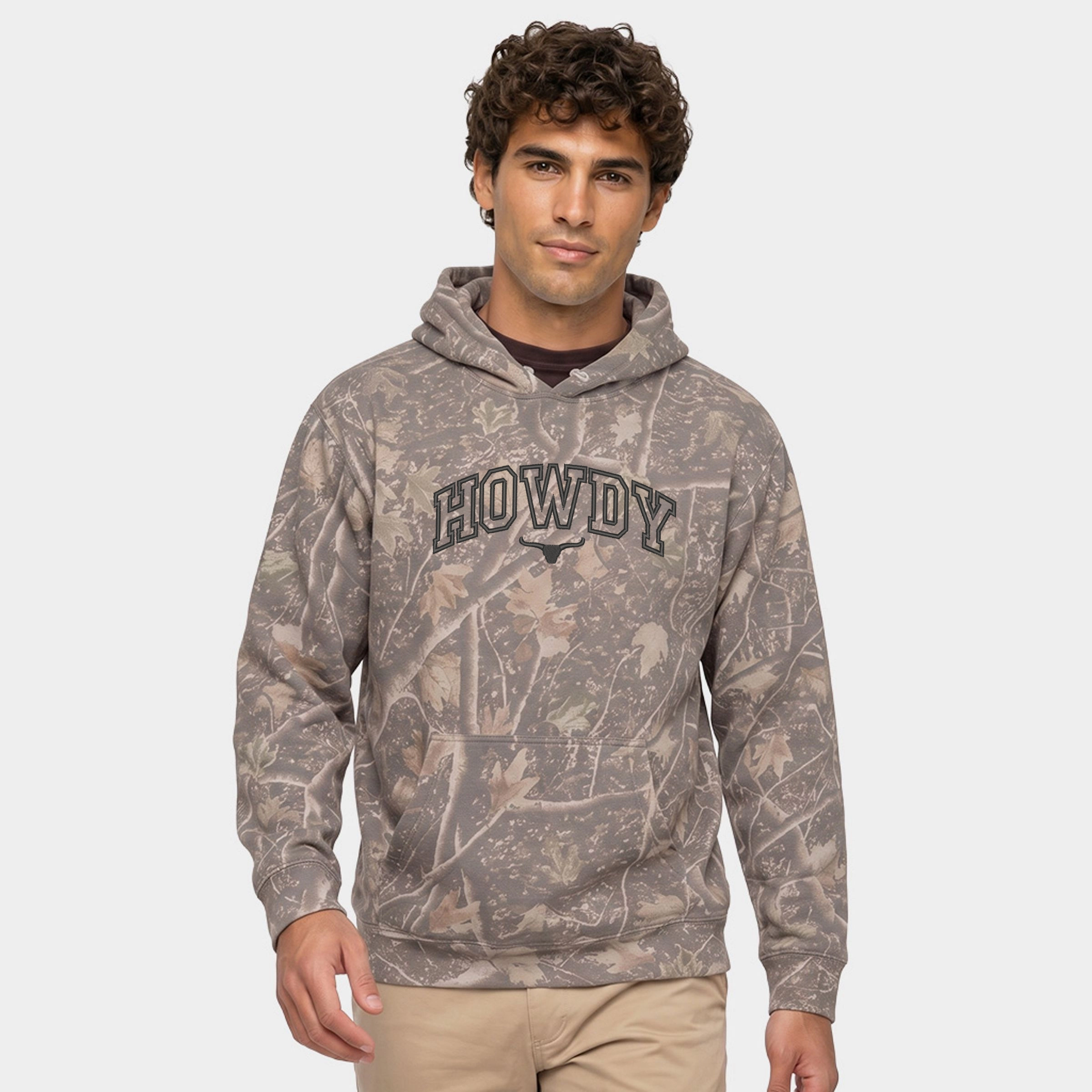 Simply Sage Market - Men's Camo Hoodie Embroidered Howdy Bull Varsity