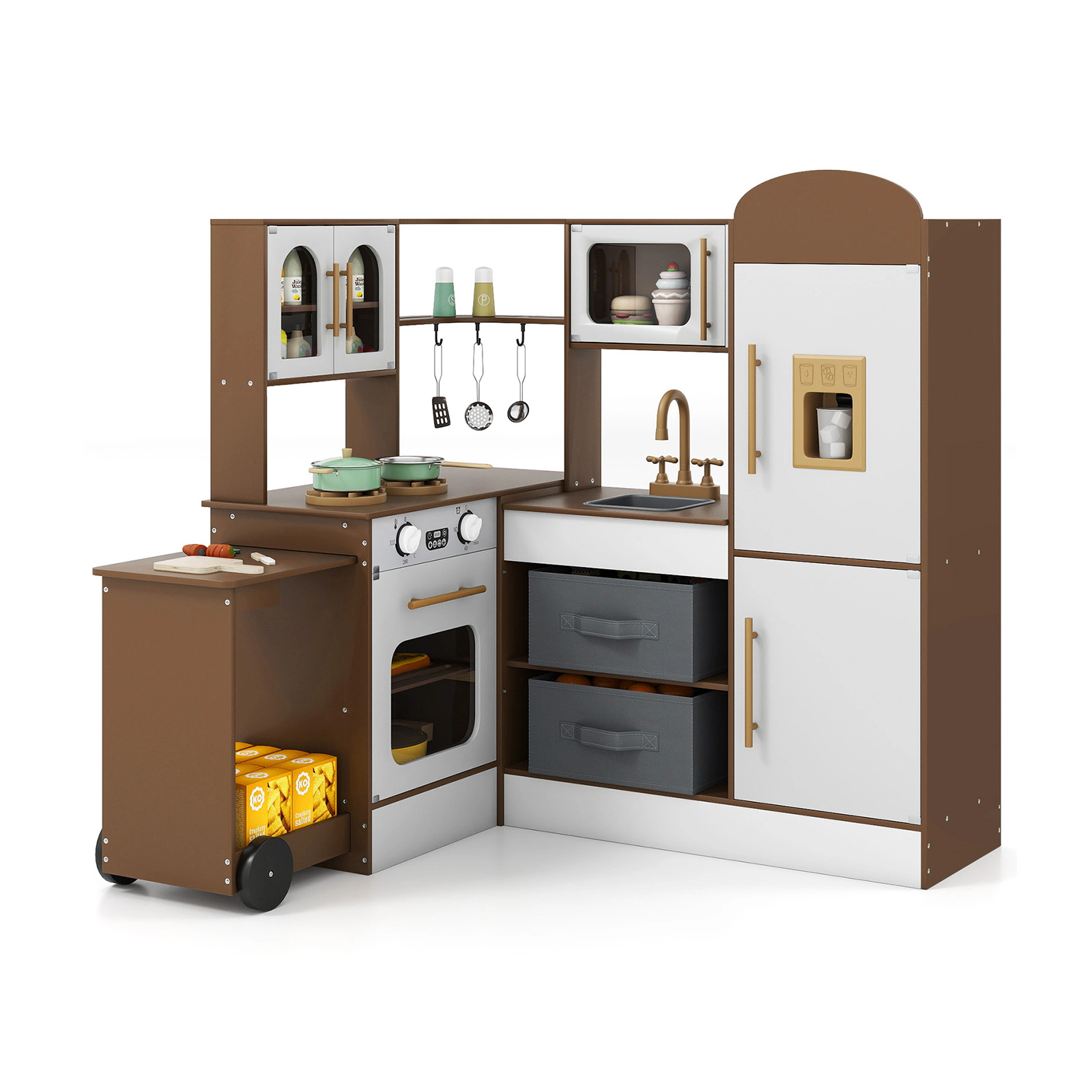 SUGIFT Corner Wooden Kitchen Playset Lights & Sounds 39.5-in Tall with Pull-Out Countertop Ages 3+ Coffee/Pink/White