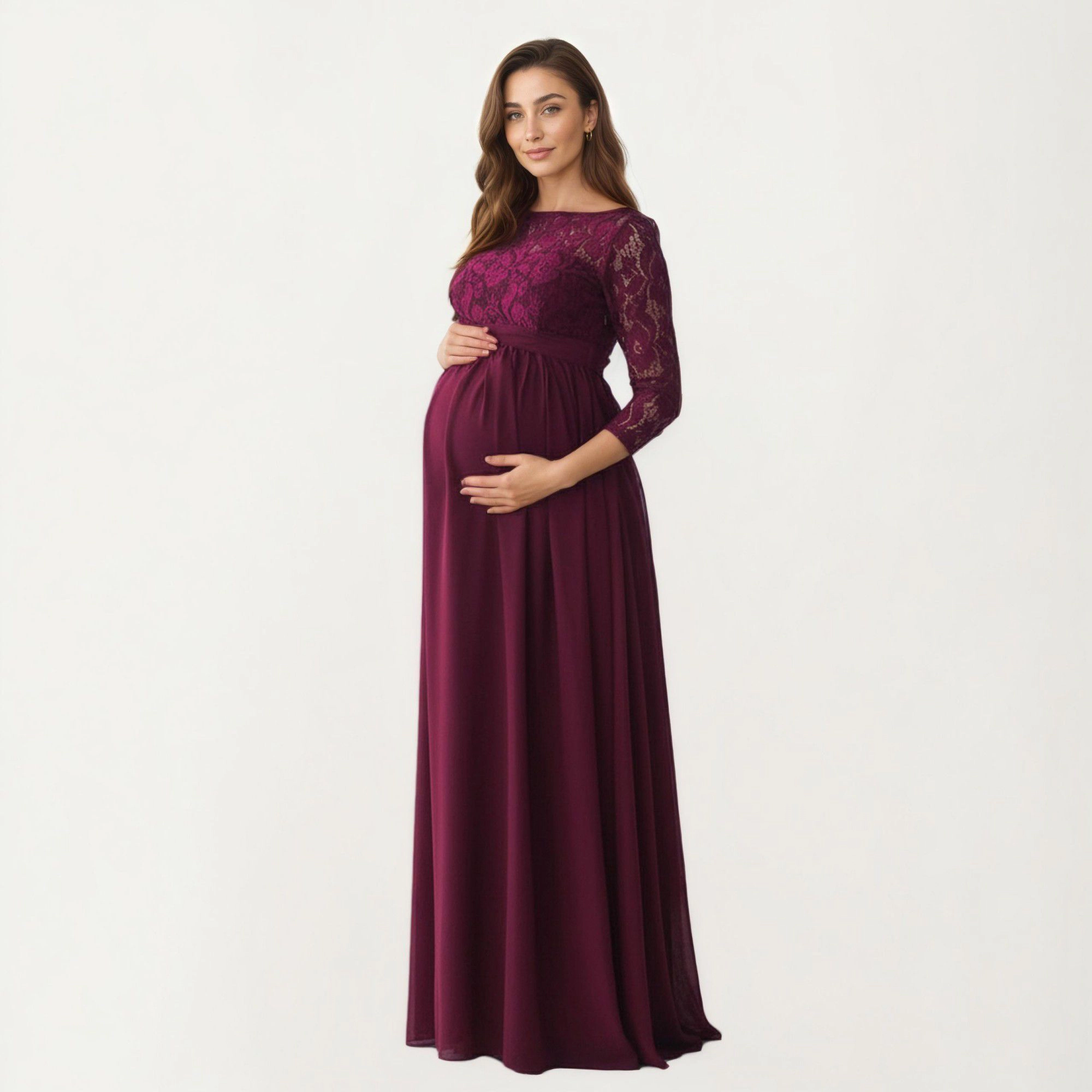 Anna-Kaci Women's Lace Bodice Maternity Sheer Three-Quarter Sleeves Maxi Dress