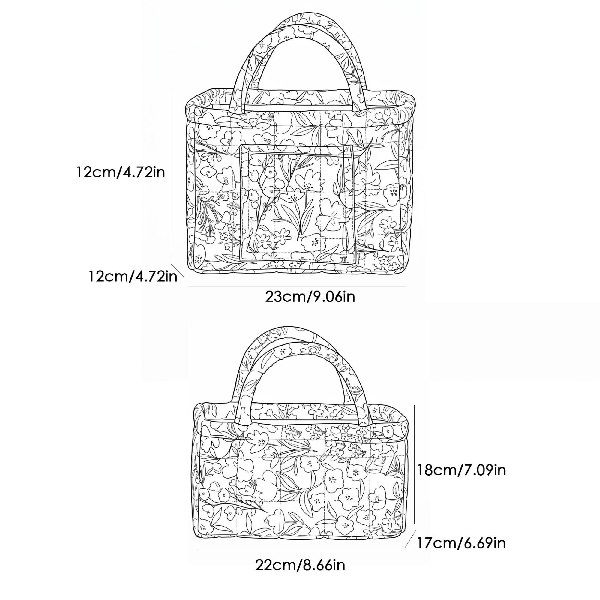 Alilang Unisex 2 Piece Quilted Floral Storage Tote Set with Handles and Front Pocket