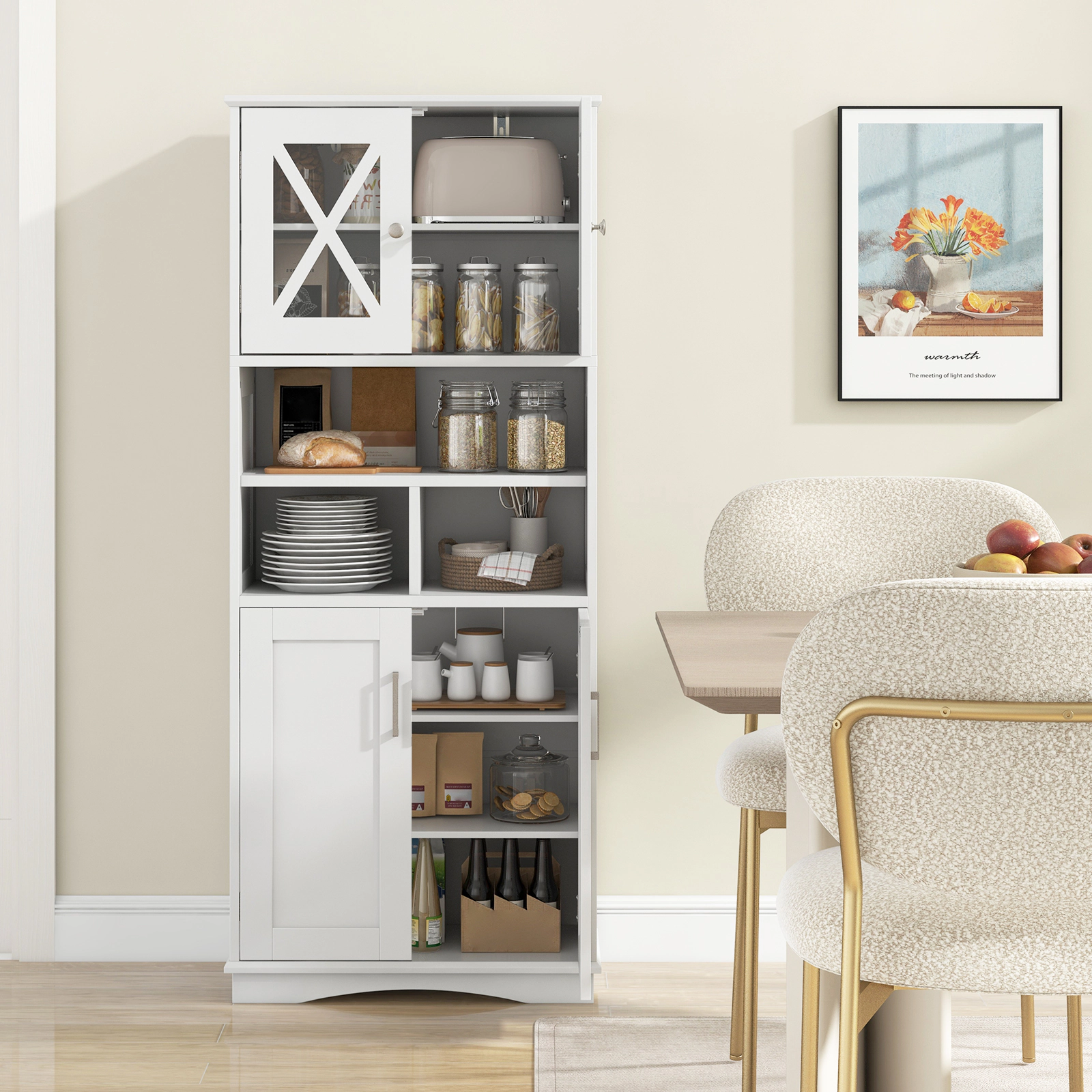 SUGIFT White 57-in Tall 100-lb Capacity Bathroom Floor Storage Cabinet with Acrylic Doors and 3 Open Cubes