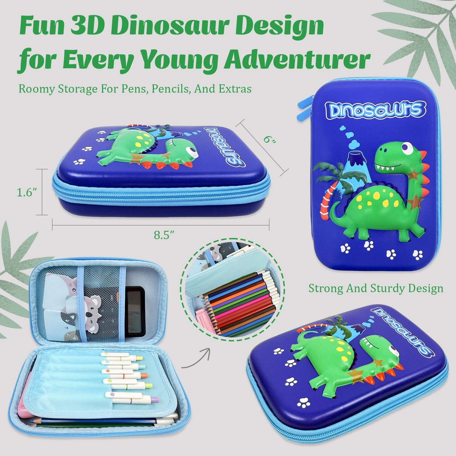 Wrapables Large Capacity 3D EVA Hard Shell Pencil Case, Dinosaurs