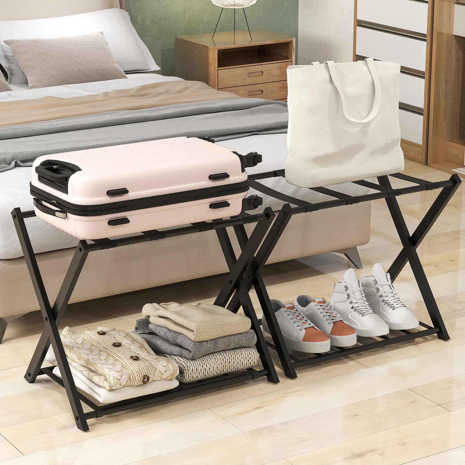 SlickBlue Set of 2 Tier Folding Suitcase Stand with Removable Shelf