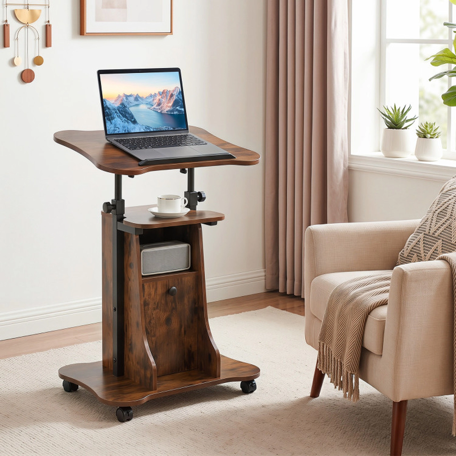 SUGIFT Mobile Standing Desk Cart Lectern with Tilt Desktop and Storage Cabinet 45-lb Capacity Rustic Brown