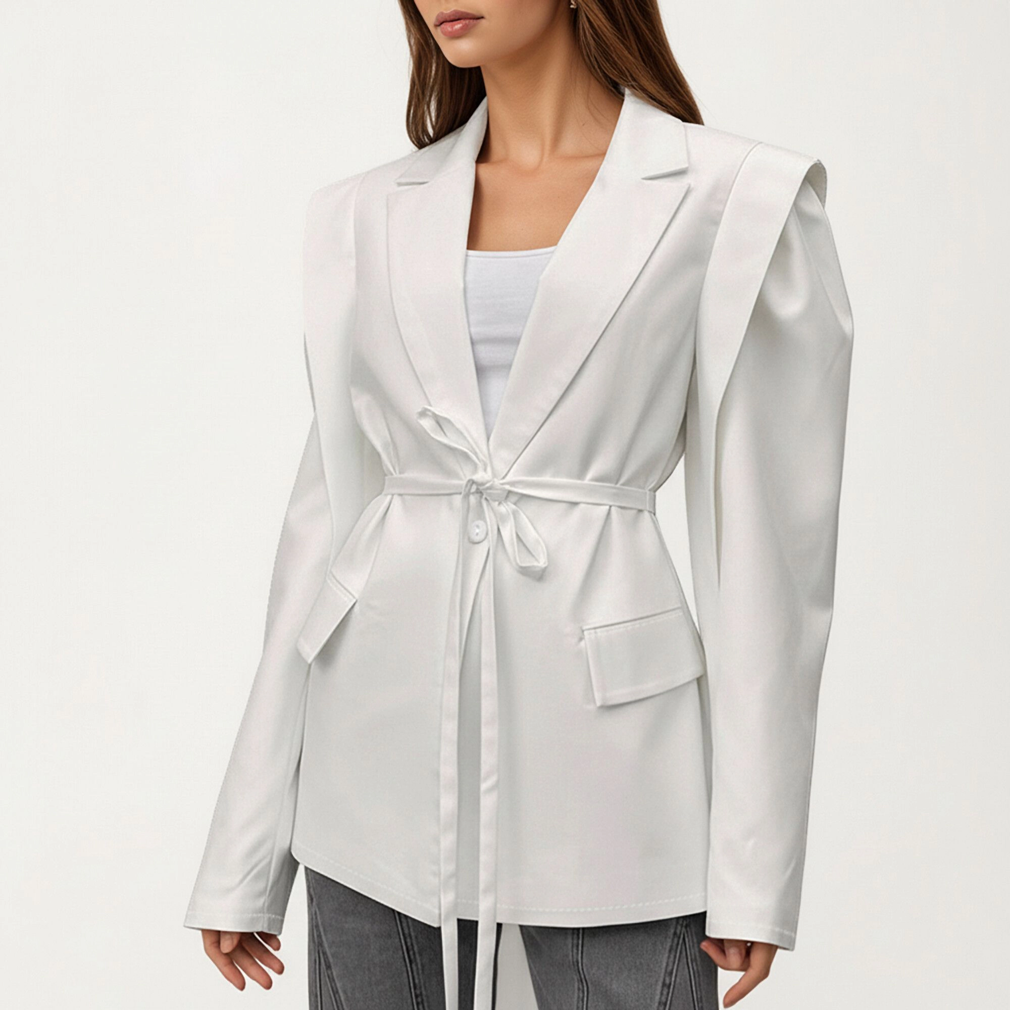 Anna-Kaci Women's Long Sleeve Tailored Blazer with Tie Waist and Structured Lapel