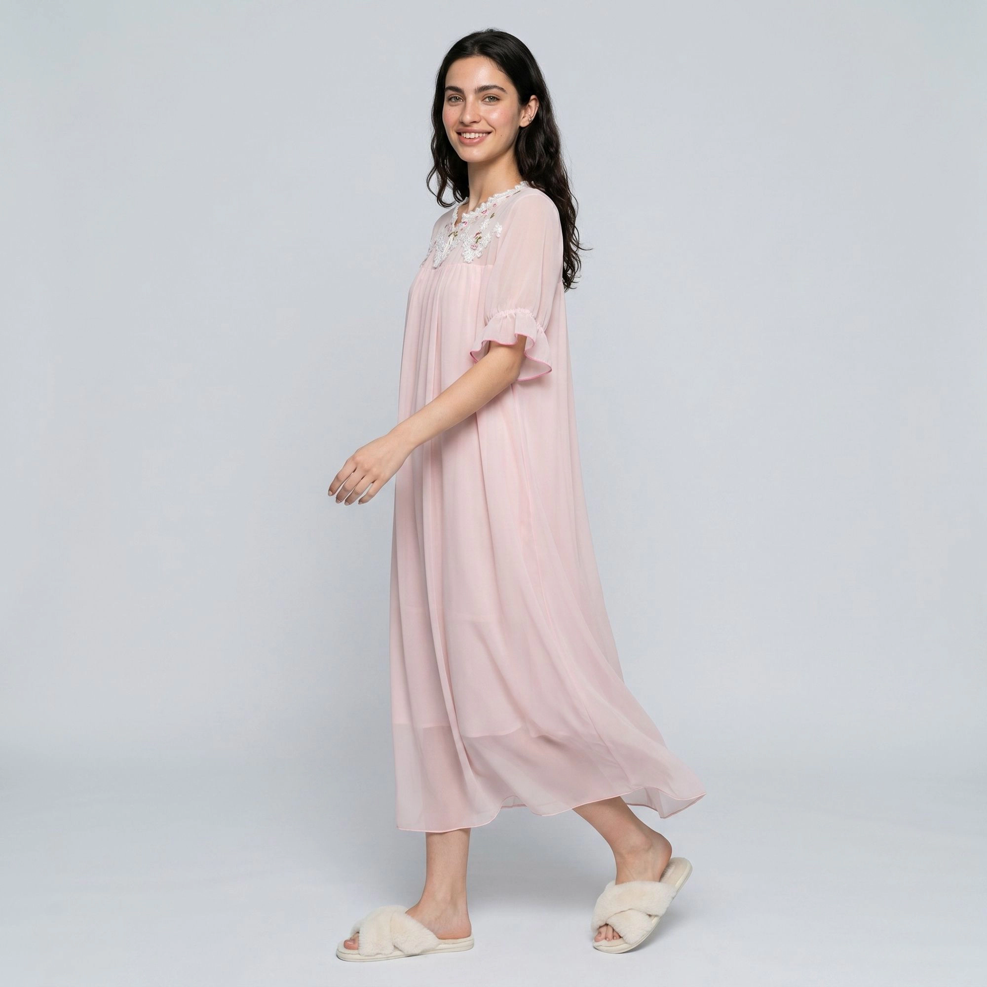 Anna-Kaci Women's Short Sleeve Nightgown with Embroidered Collar and Ruffle Cuffs