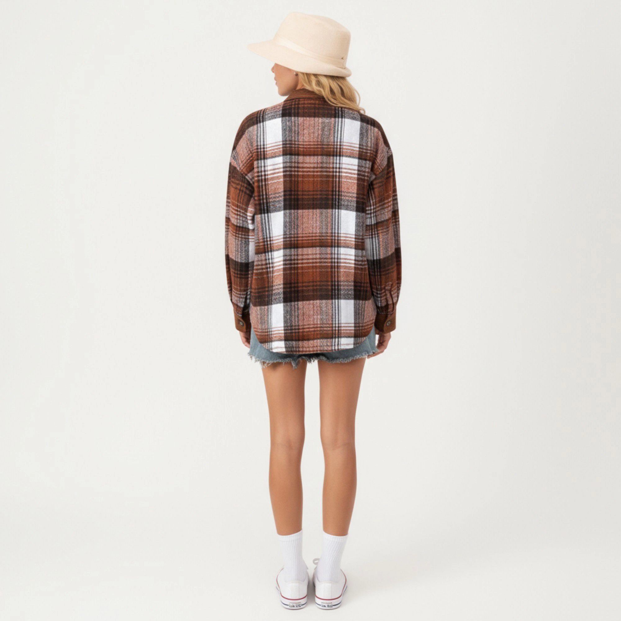 Anna-Kaci Women's Plaid Button Front Shirt Jacket with Soft Corduroy Contrast Long Sleeves Chest Pocket Detail