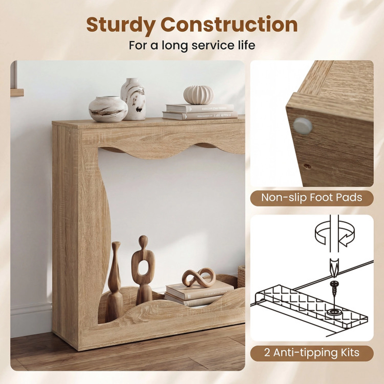 SUGIFT 63-in Long 12-in Narrow 132-lb Capacity 2-Tier Natural Console Table with Wavy Edge Storage Shelf