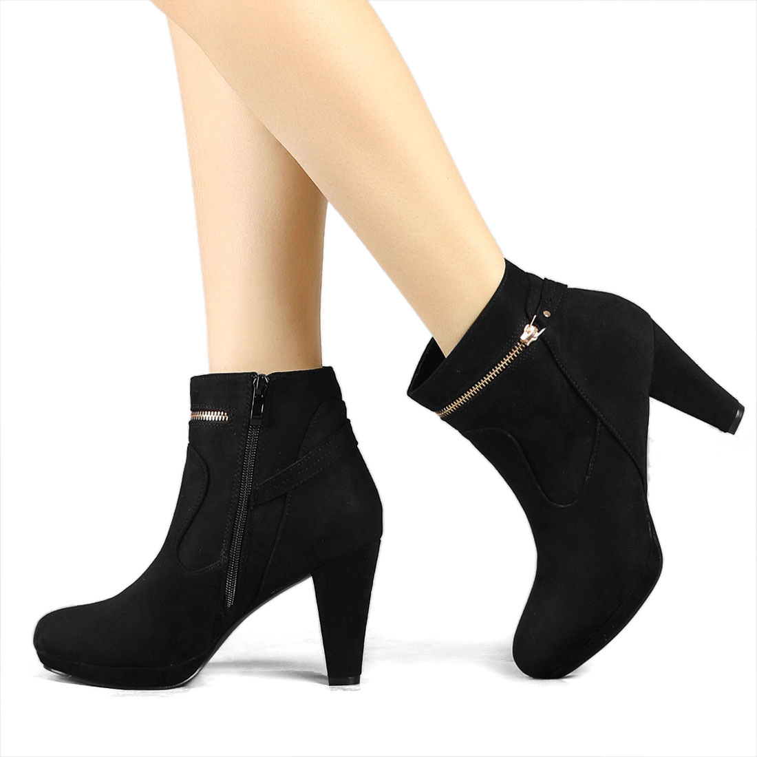 BLISSFUL STEP Women Faux Suede Round Toe Ankle Mid Heel Block Boots