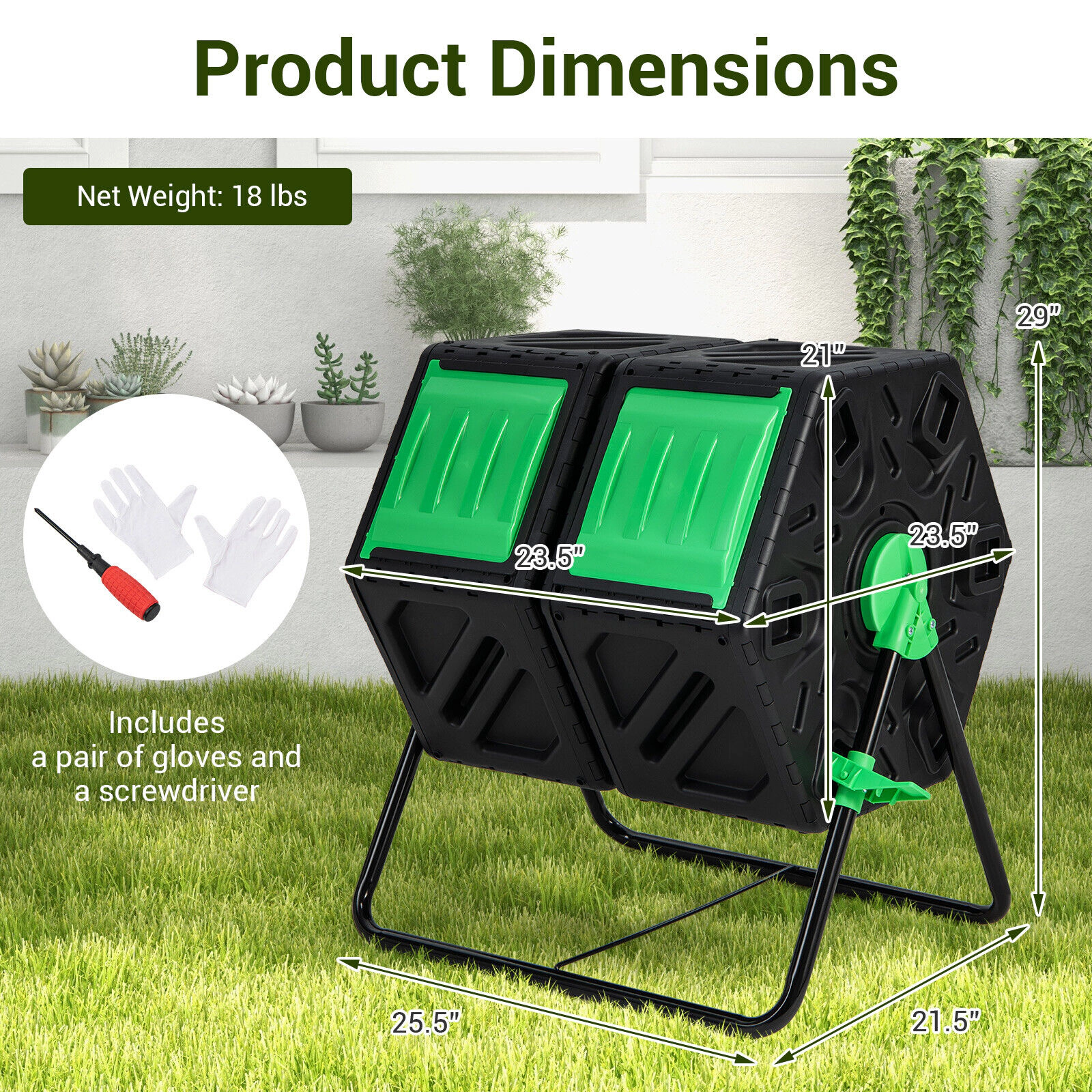 SUGIFT 34.5-gal Dual Chamber Outdoor Compost Tumbler with 360-Degree Rotation and Sliding Doors