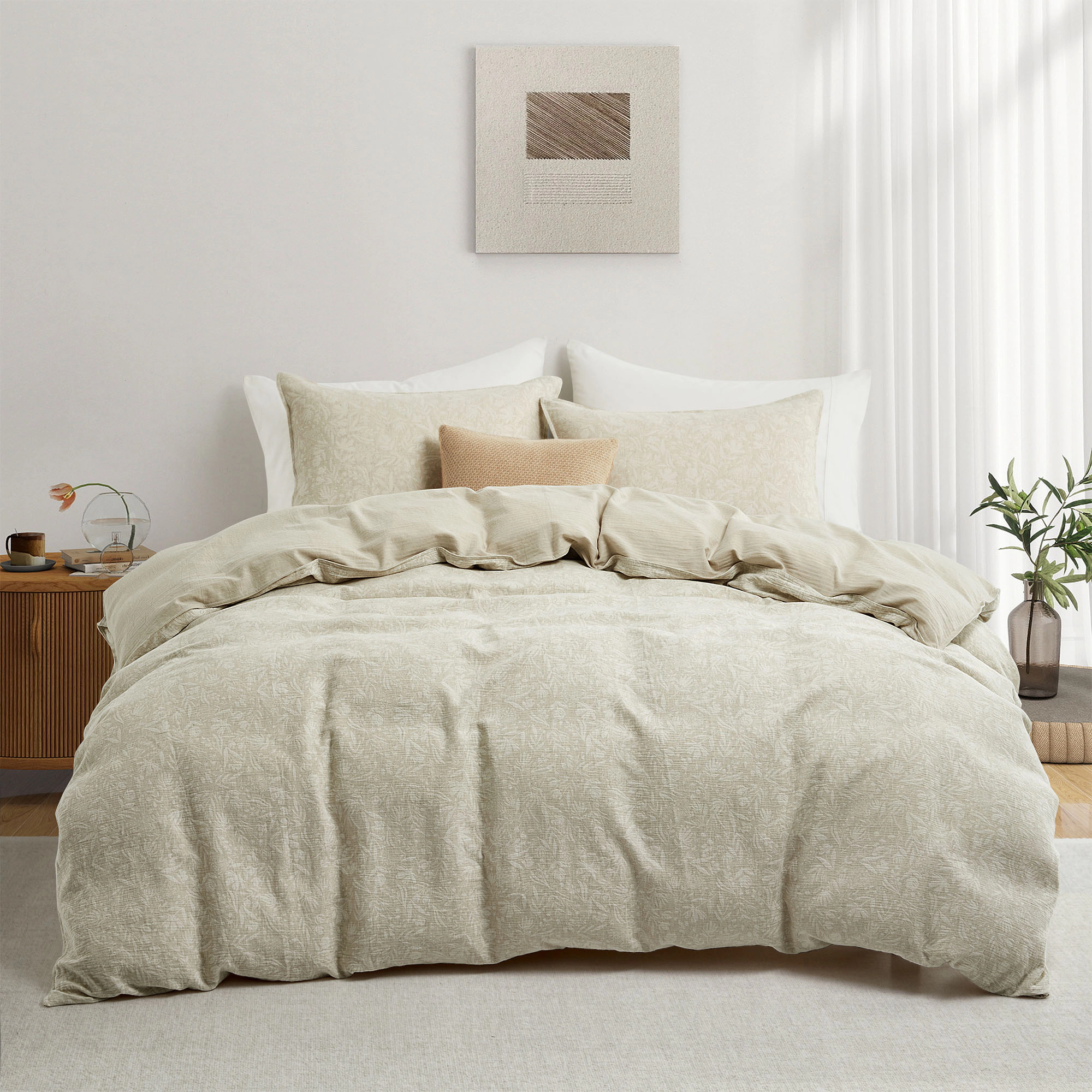 PEACENEST Cotton Linen Blend Duvet Cover Set, Breathable Textured Bedding Set