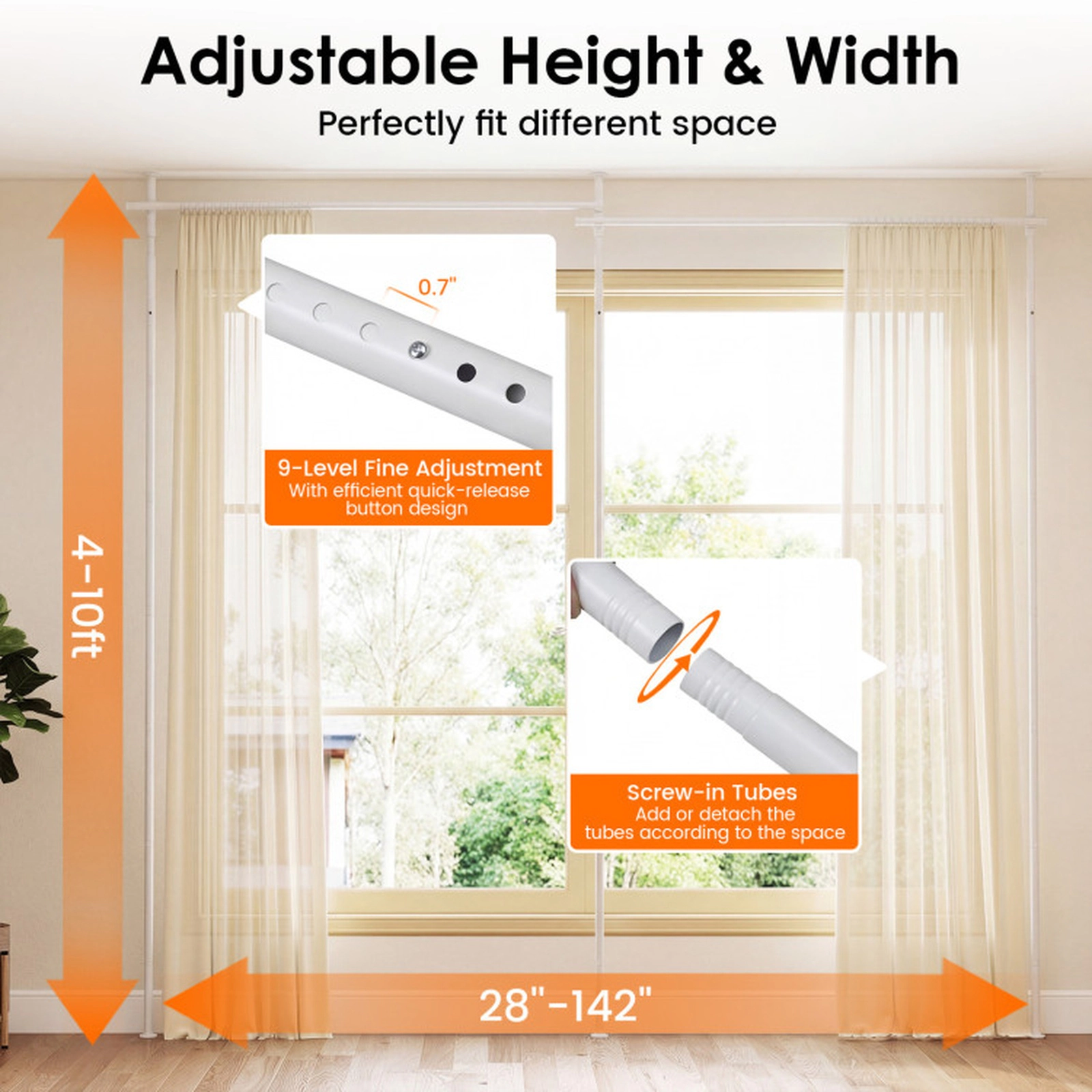SUGIFT Drill-Free Spring Lock 9-Level Tension Room Divider Curtain Rod 28-in to 142-in 4-ft to 10-ft Tall White