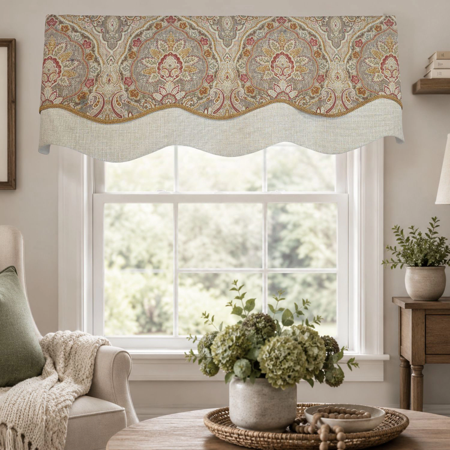 RLF Home 100% Cotton Prague Trimmed Glory Lined Window Valance 50" x 17" Mauve