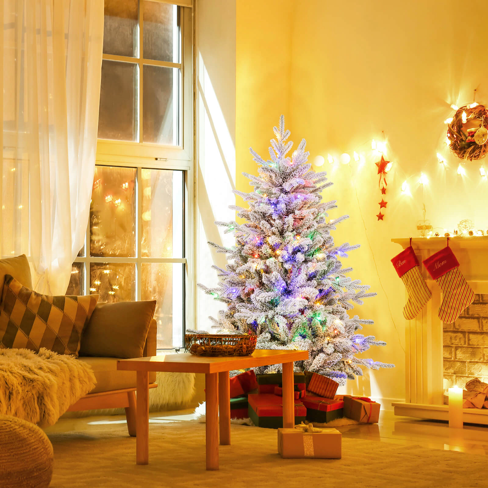 Costway 4.5/6/7 FT Flocked Christmas Tree with 8 Lighting Modes 160 Multi-Color LED Lights