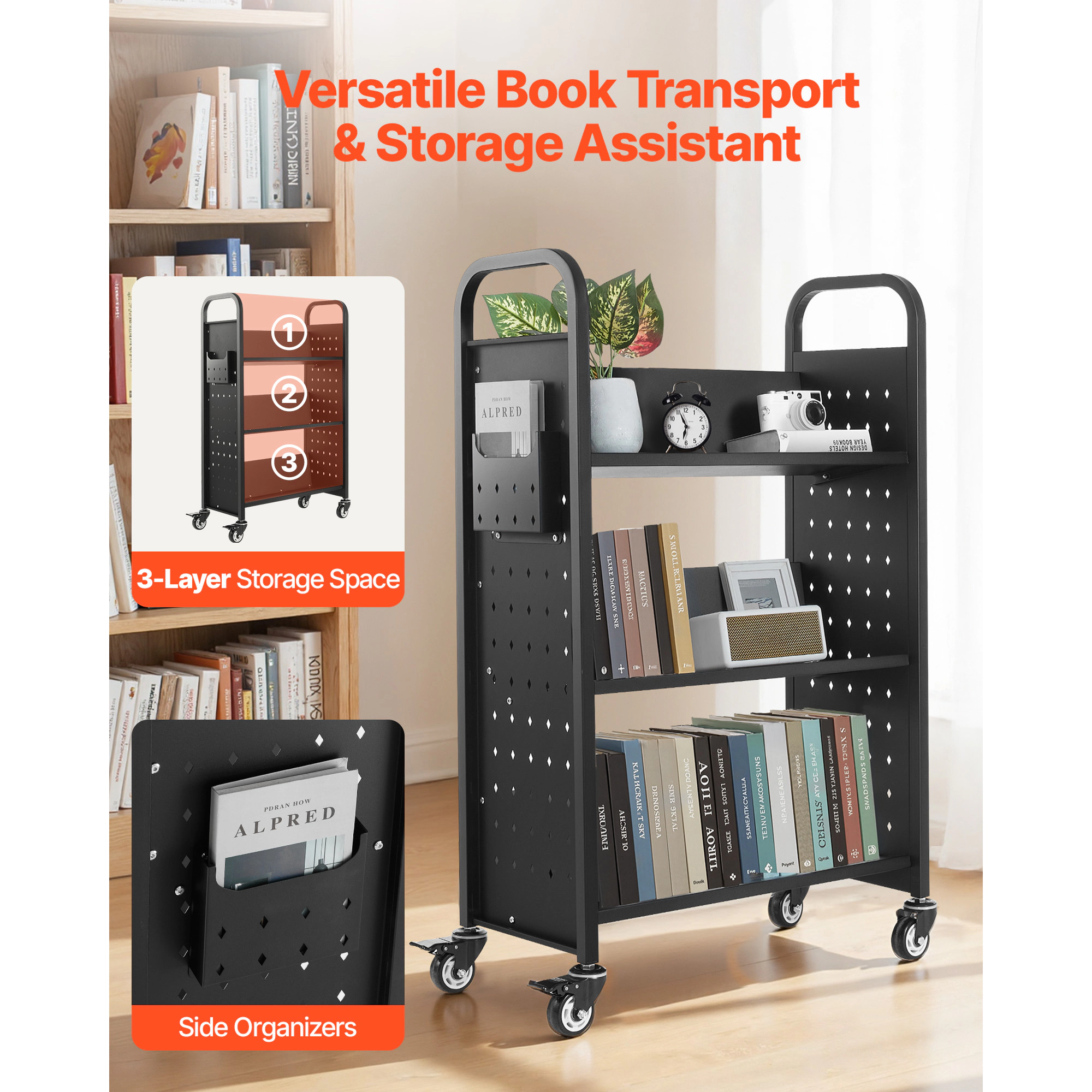 HONGGE Rolling Library Book Cart with V-Shaped Shelves, 330 Lbs Capacity, Lockable Wheels, Black
