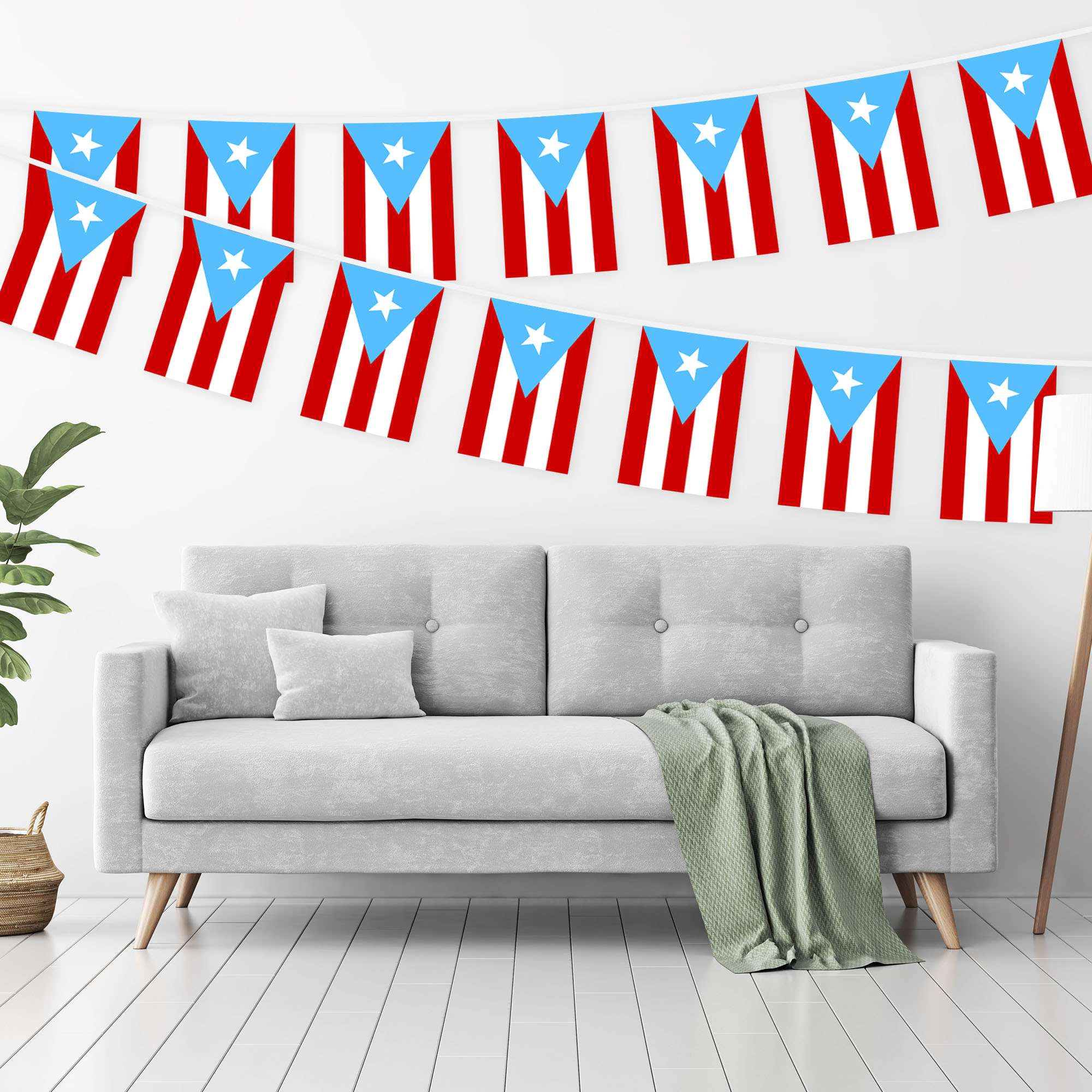 G128 Puerto Rico Light Blue Bunting Banner - 33 ft String with 38 Mini Flags, 8.2 x 5.5 in, 150D Polyester