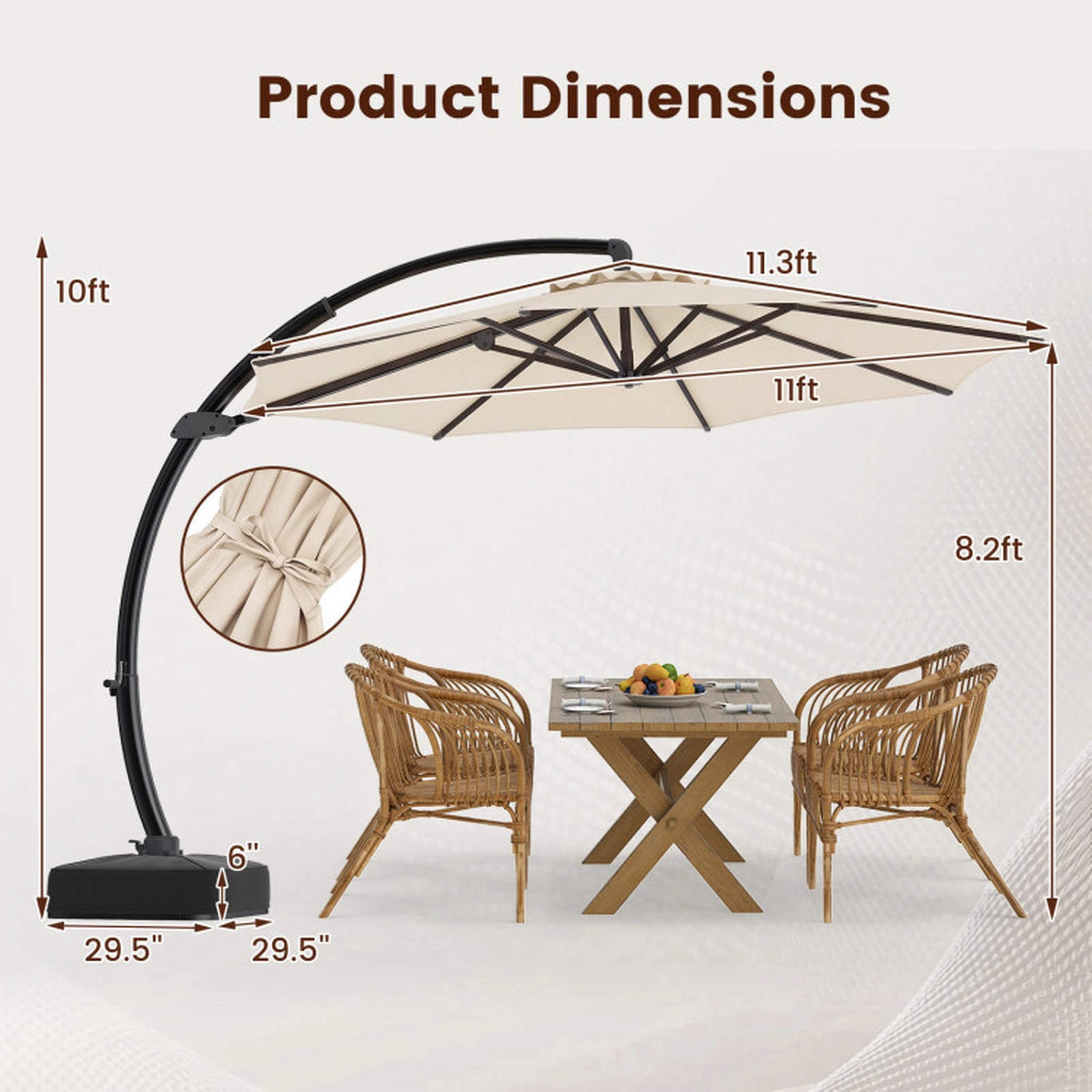 SUGIFT 11-ft Beige Aluminum Offset Cantilever Patio Umbrella with 220-lb Sandbag Base and Foot Pedal Spin