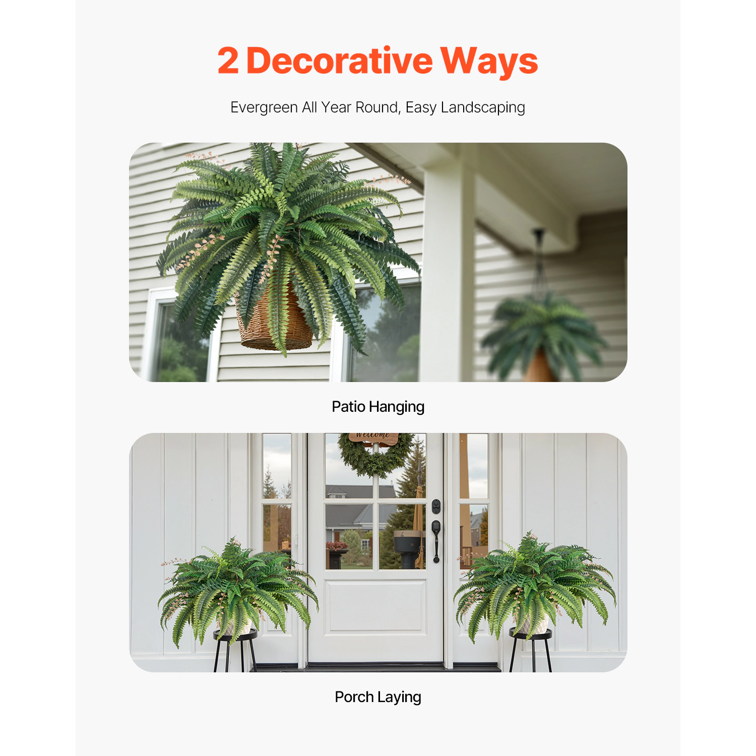 HONGGE Artificial Ferns, Natural Spread Diameter, Large Hanging Boston Ferns, Fake Plant Wall Decor with Branches