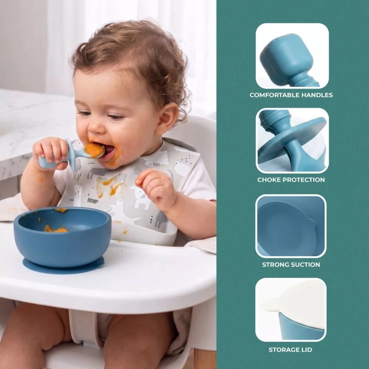 Sperric Silicone Baby Feeding Set, Suction Bowls w/ Lids, 4‑Pack Weaning Spoons & Fruit Feeders, Freezer Dishwasher Safe
