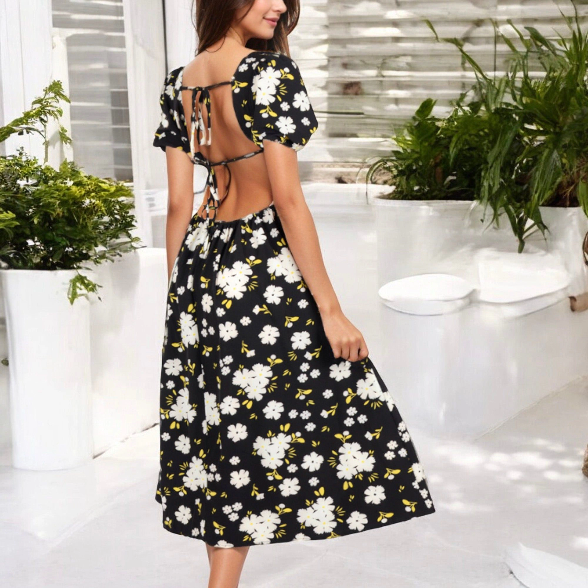 Anna-Kaci Women's Floral Square Neck Midi Dress