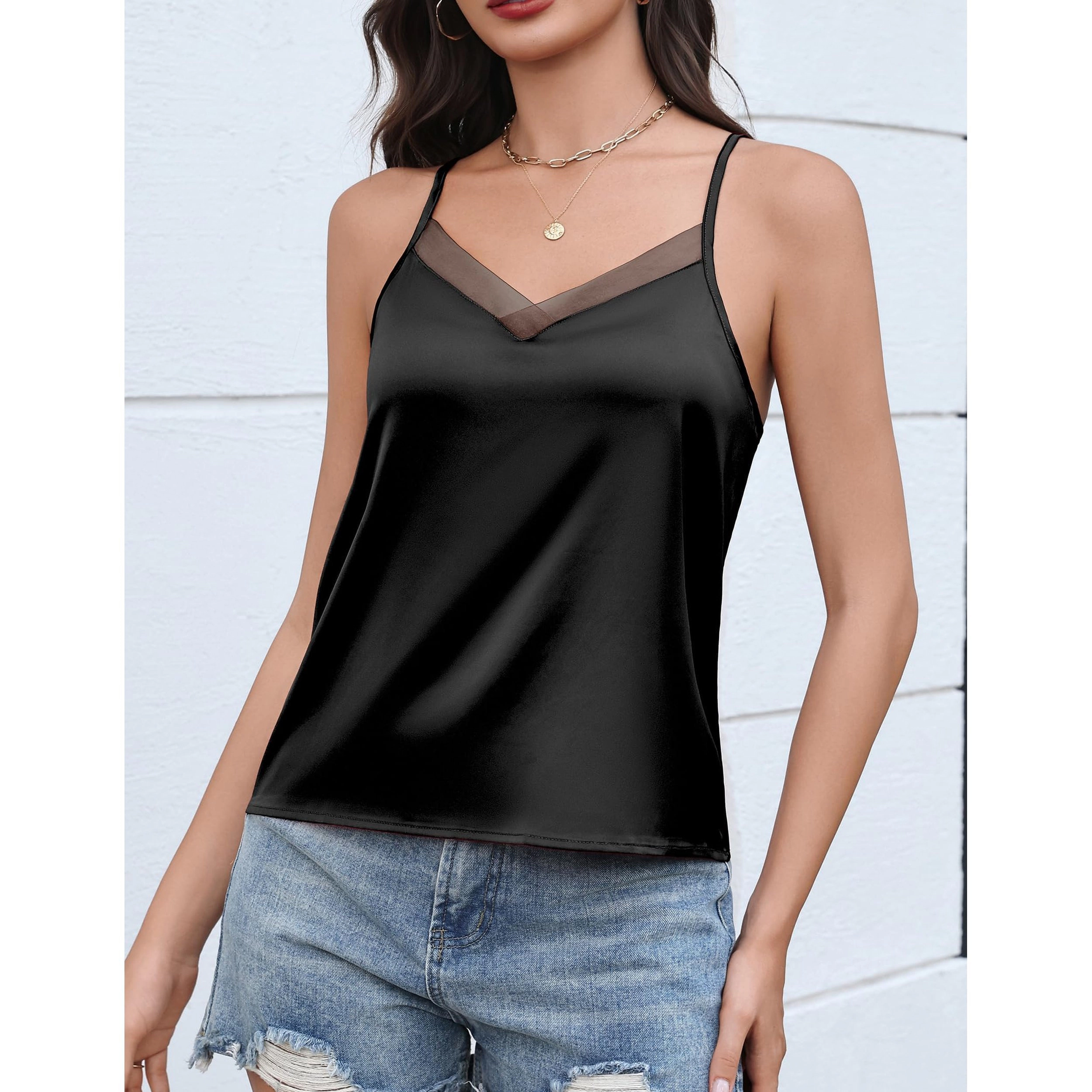 Avidlove Women's Silk Satin Mesh V Neck Adjustable Spaghetti Strap Tank Top Camisole
