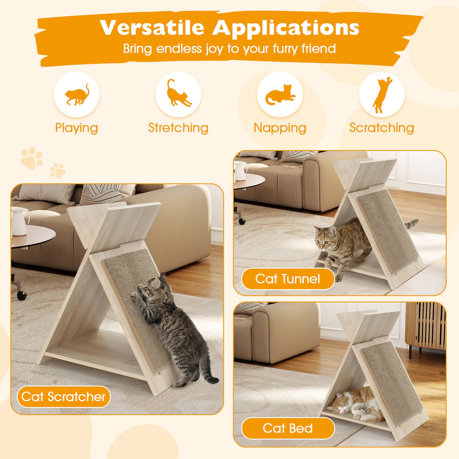 SUGIFT Cat Scratcher Natural with Corrugated Cardboard Tunnel and Wooden Lounge