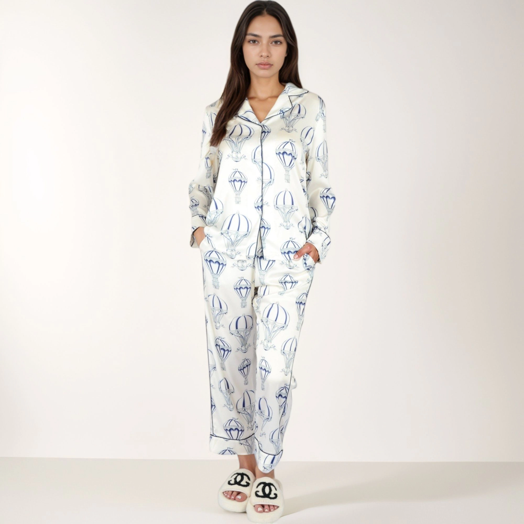 Anna-Kaci Women's Hot Air Balloon Print Pajama Set with Long Sleeve Button Down Top and Cropped Pants