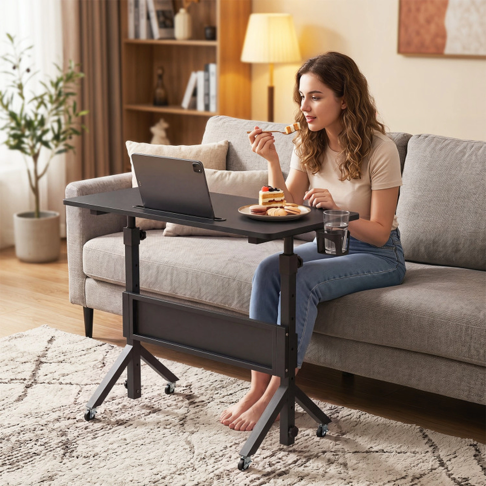 SUGIFT Black Rolling Standing Desk with Treadmill Laptop Workstation, Cup Holder, Basket and Locking Wheels