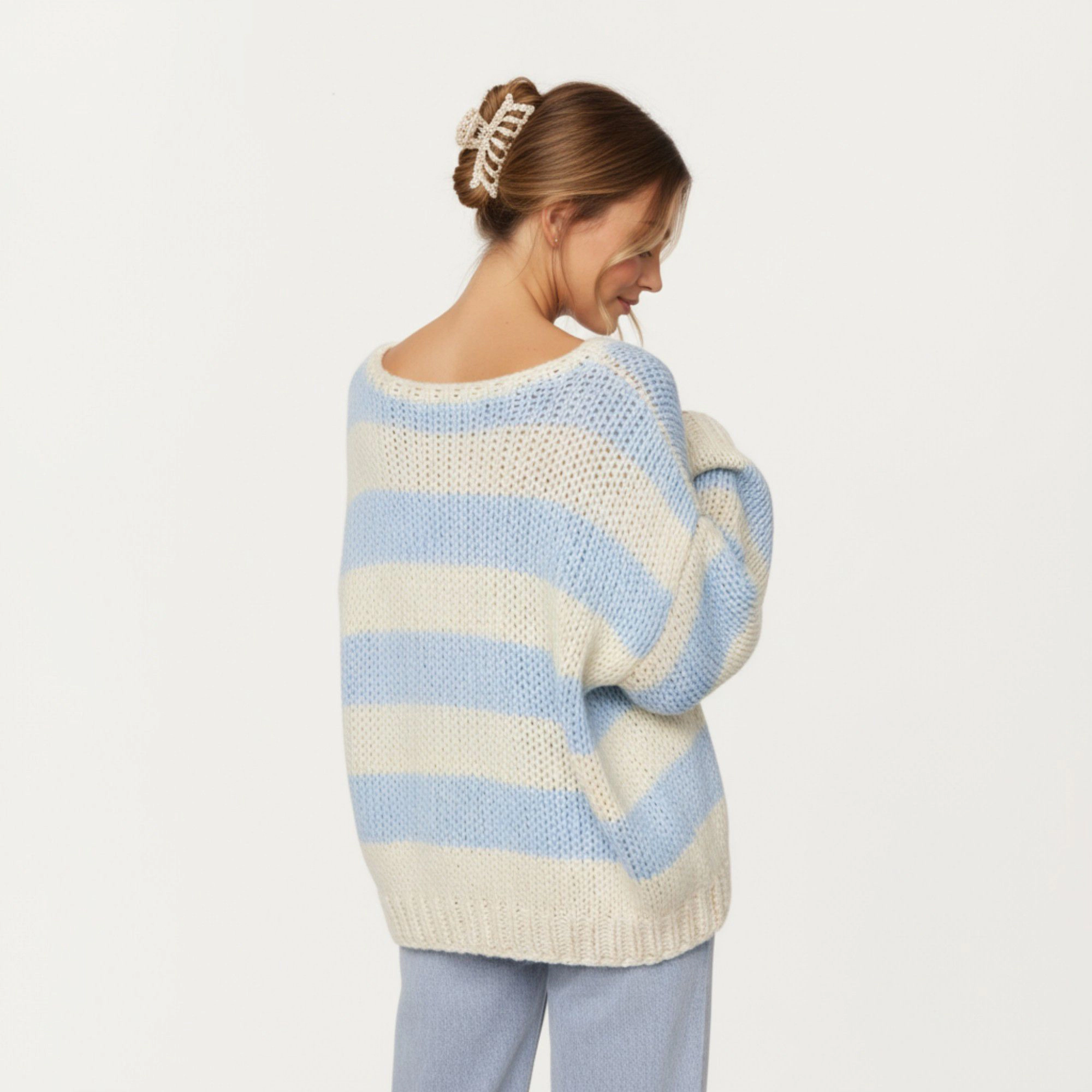 Anna-Kaci Women's Oversized Striped Knit Sweater with Soft Chunky Texture Slouchy Off-Shoulder Fit