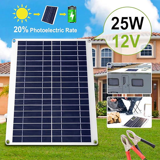 GBruno 25W 12V Outdoor Solar Panel Battery Charger with Dual USB Ports ...